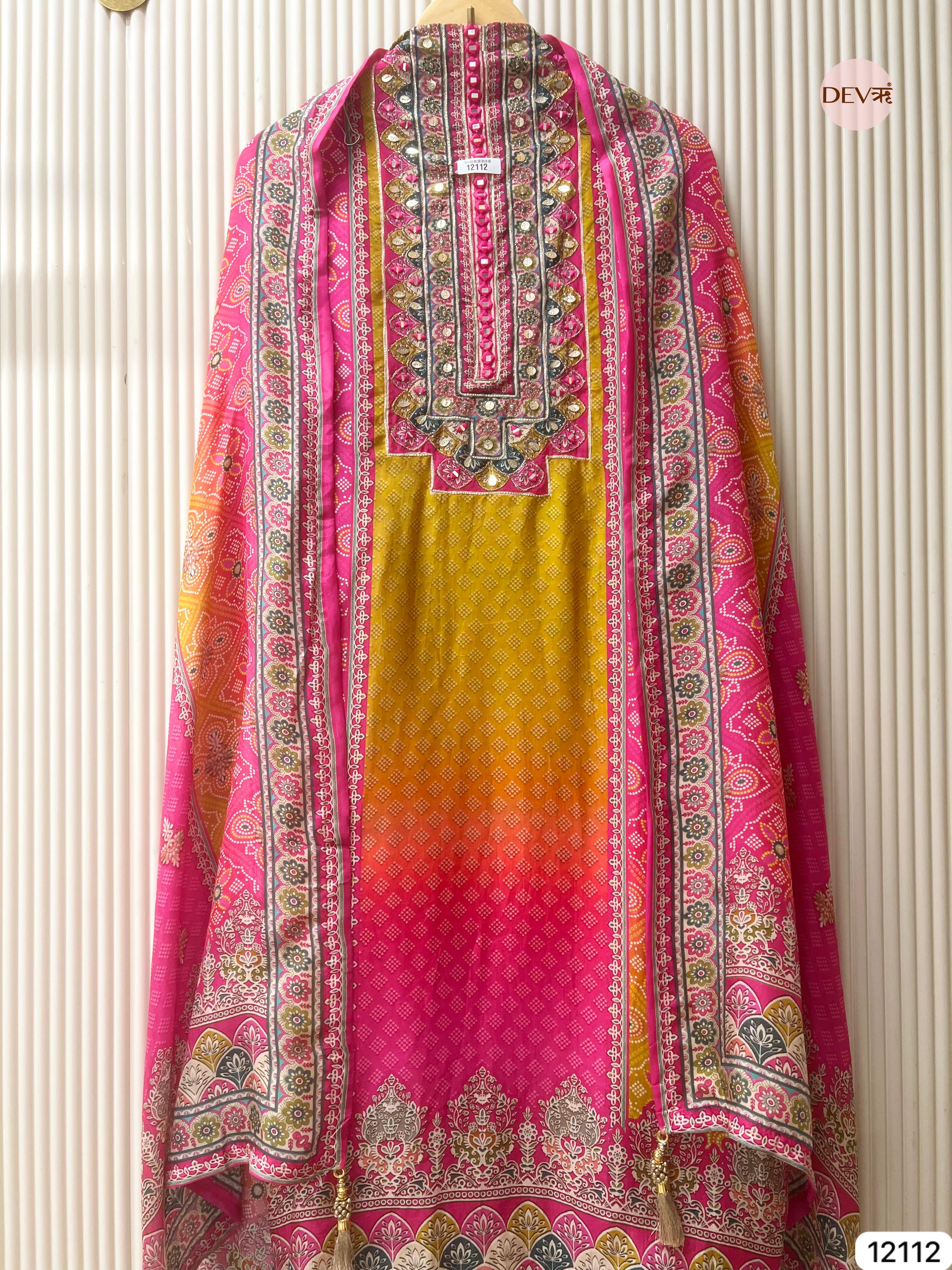 Pink / yellow Pure Organza Silk Unstitched Printed -Set Of 3 - {12112}