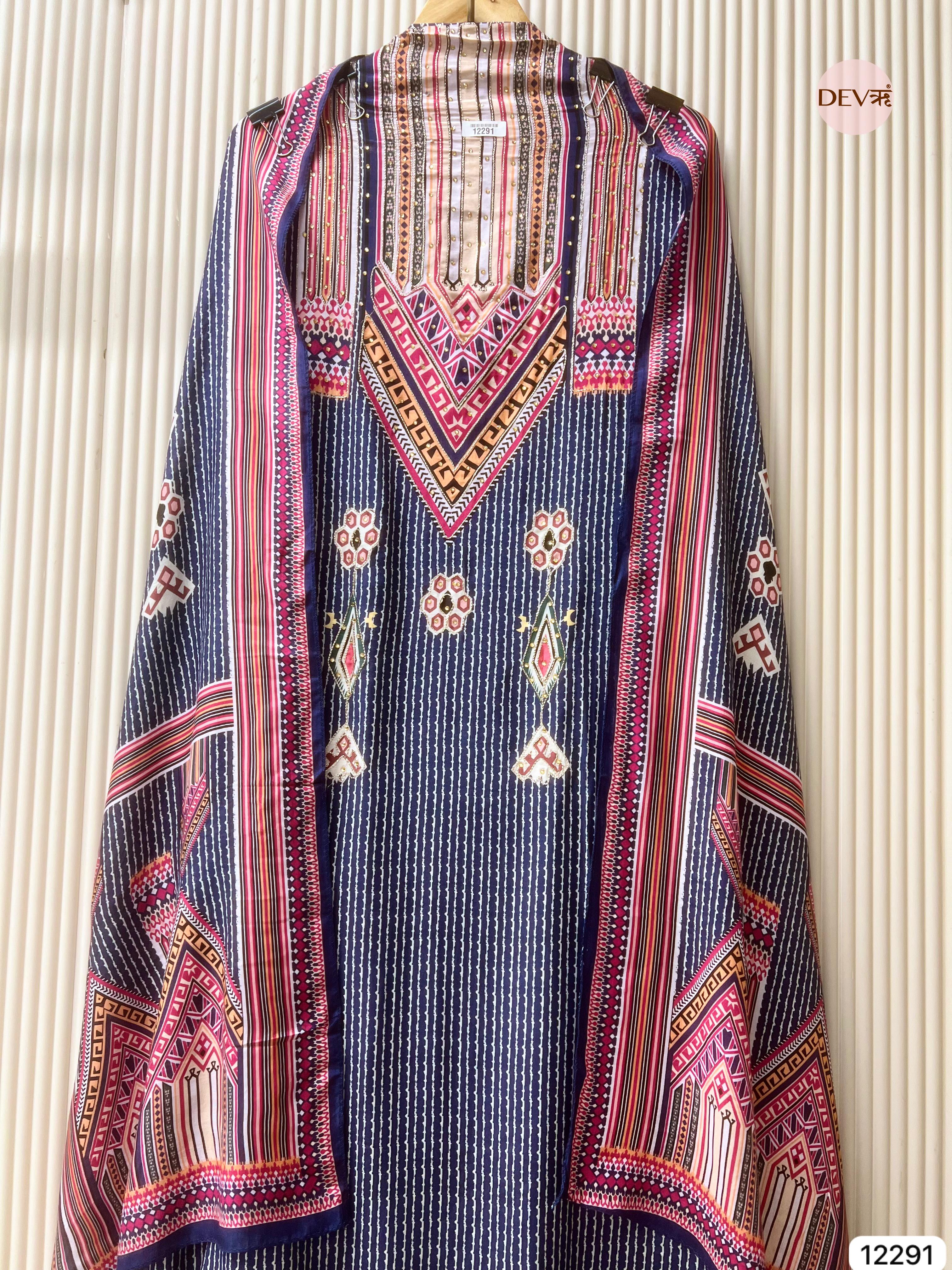 Navy Printed Muslin Unstitched 3-Piece Suit (Devri – D.No 12291)