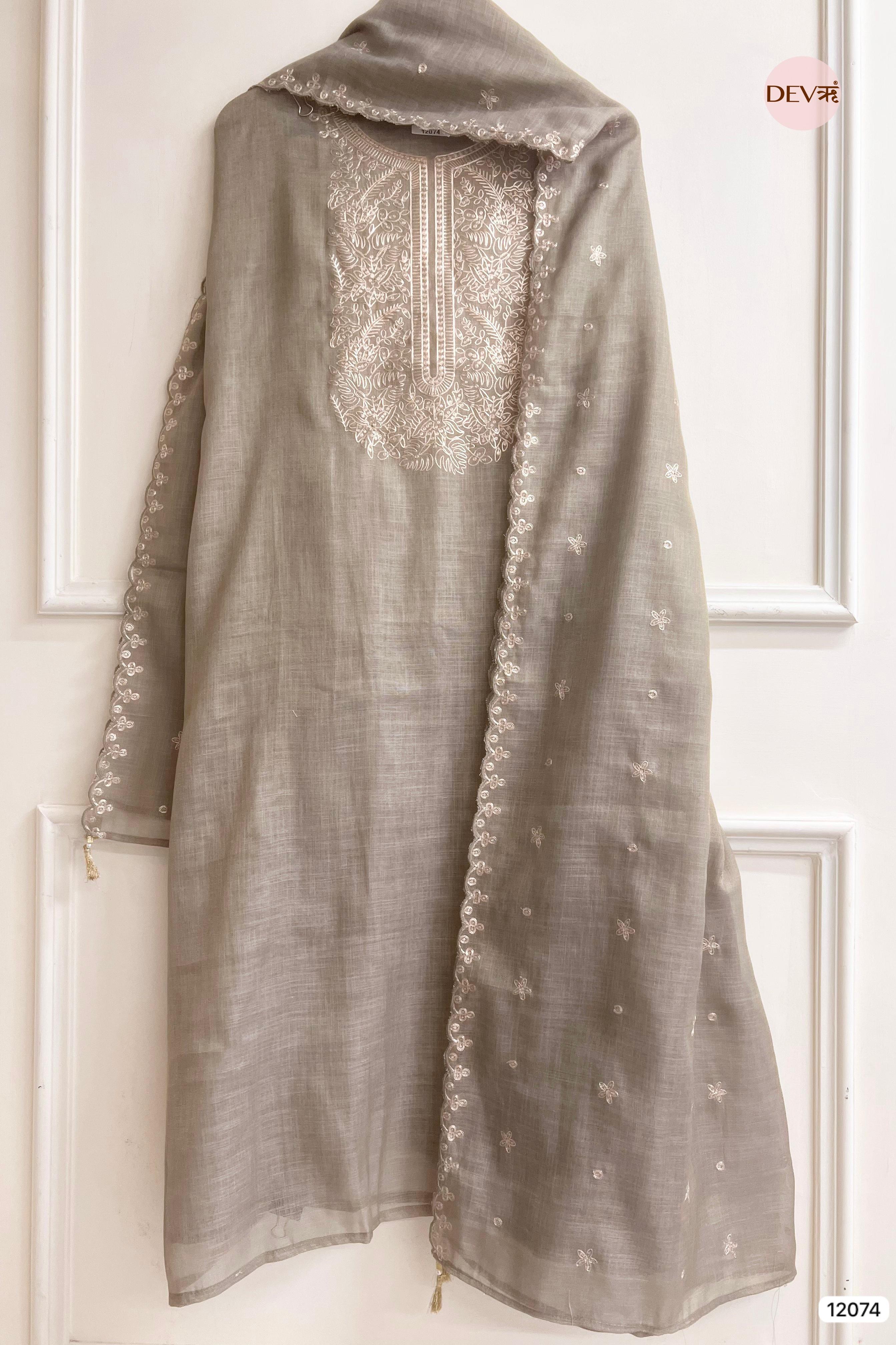 Beige Pure Linen Unstitched Zardosi Embroidered -Set Of 3 - {12074}