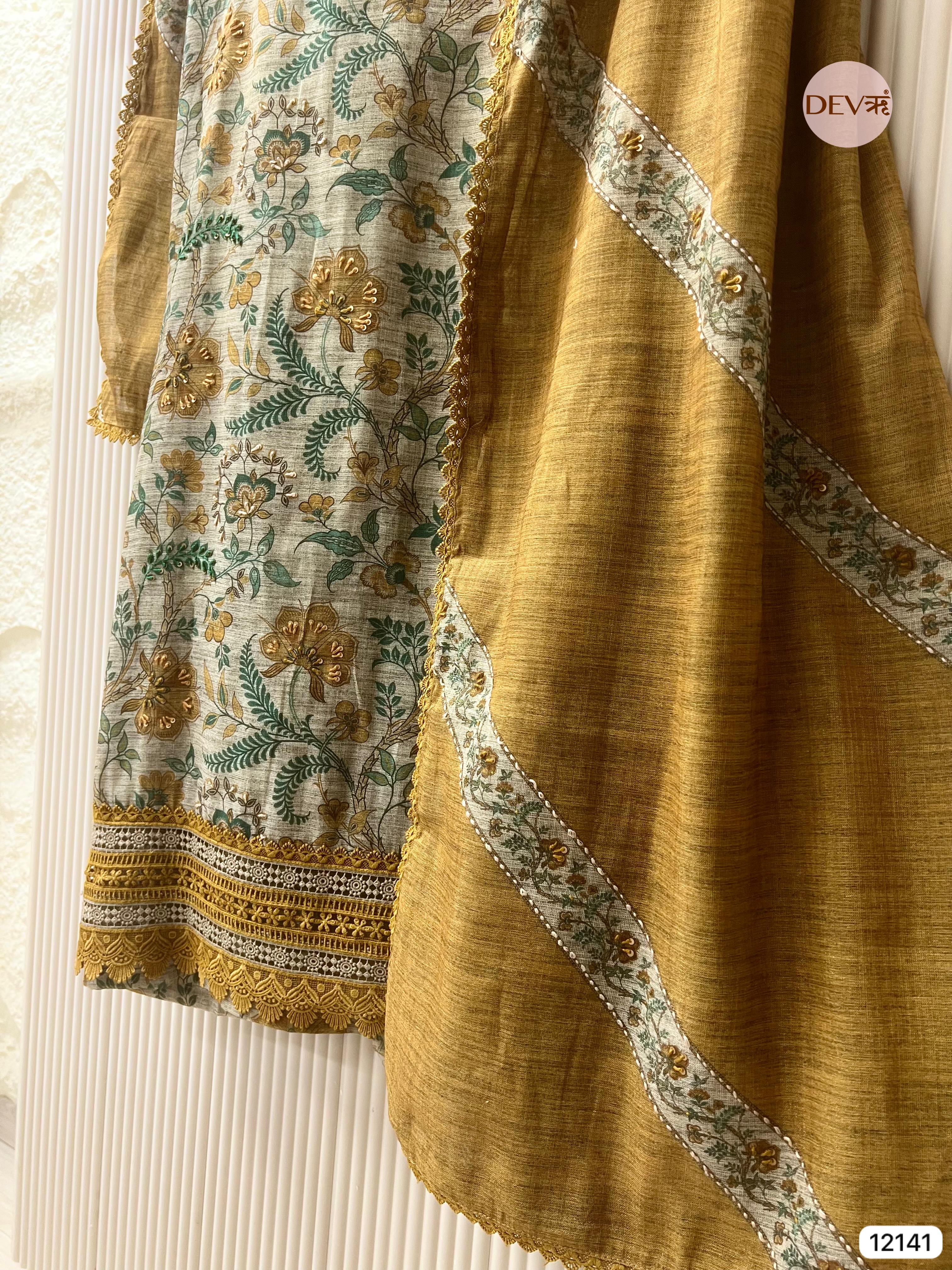Mustard Yellow Pure Khadi Silk Unstitched Printed - Set Of 3 - {12141}