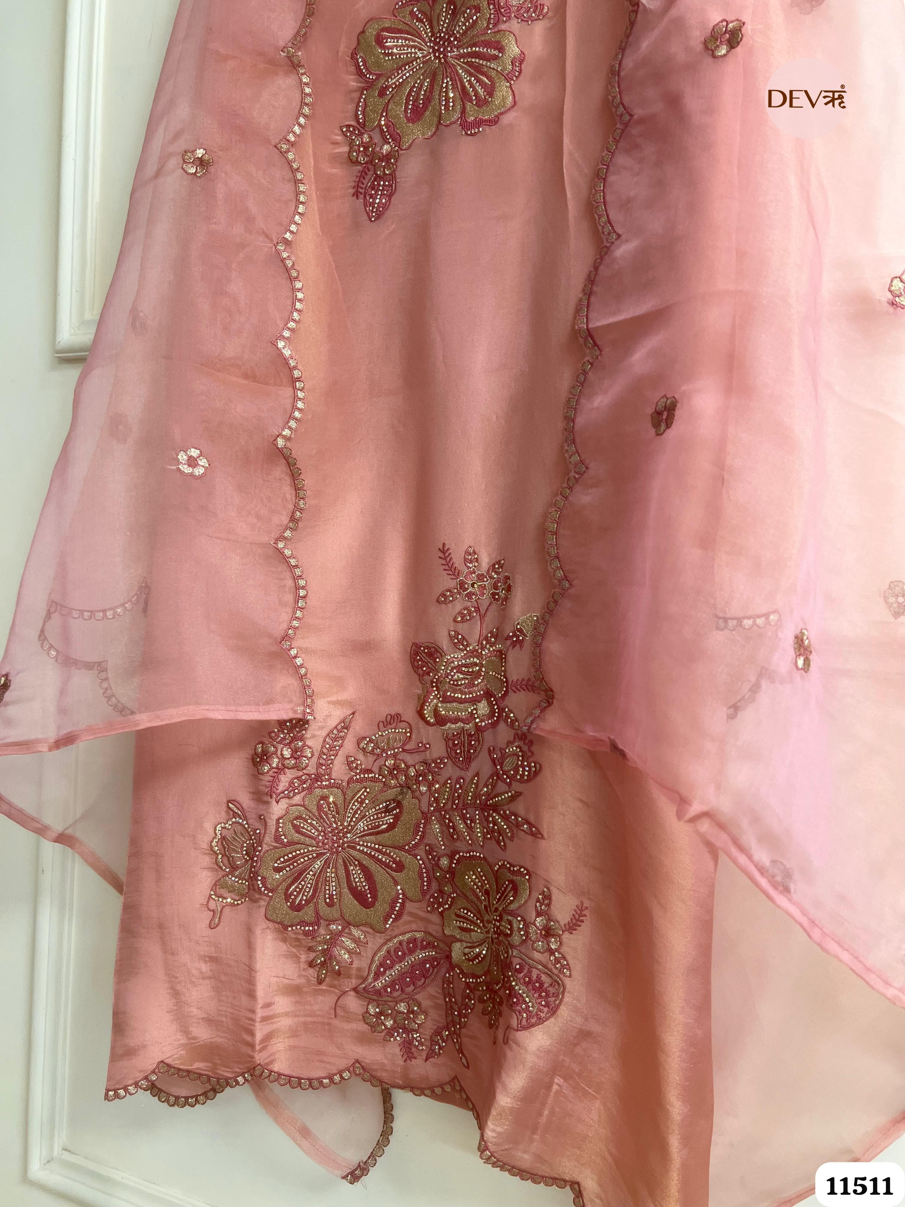 Light Pink Tissue Silk Unstitched Hand Embroidered -Set Of 3 {11511}