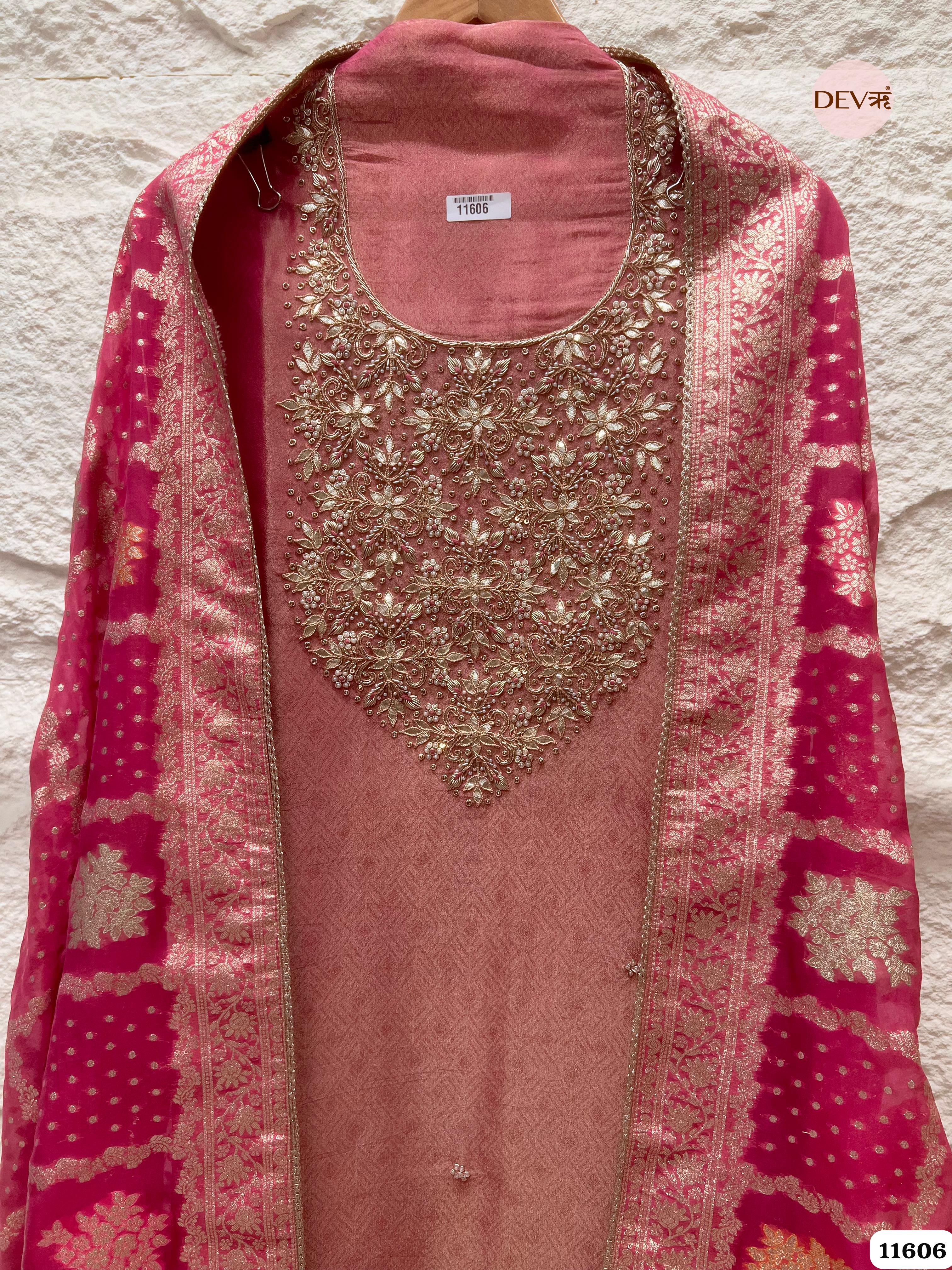Crimson Pink Pure Tissue Banarasi Silk Unstitched Hand Embroidered -Set Of 3 {11606}