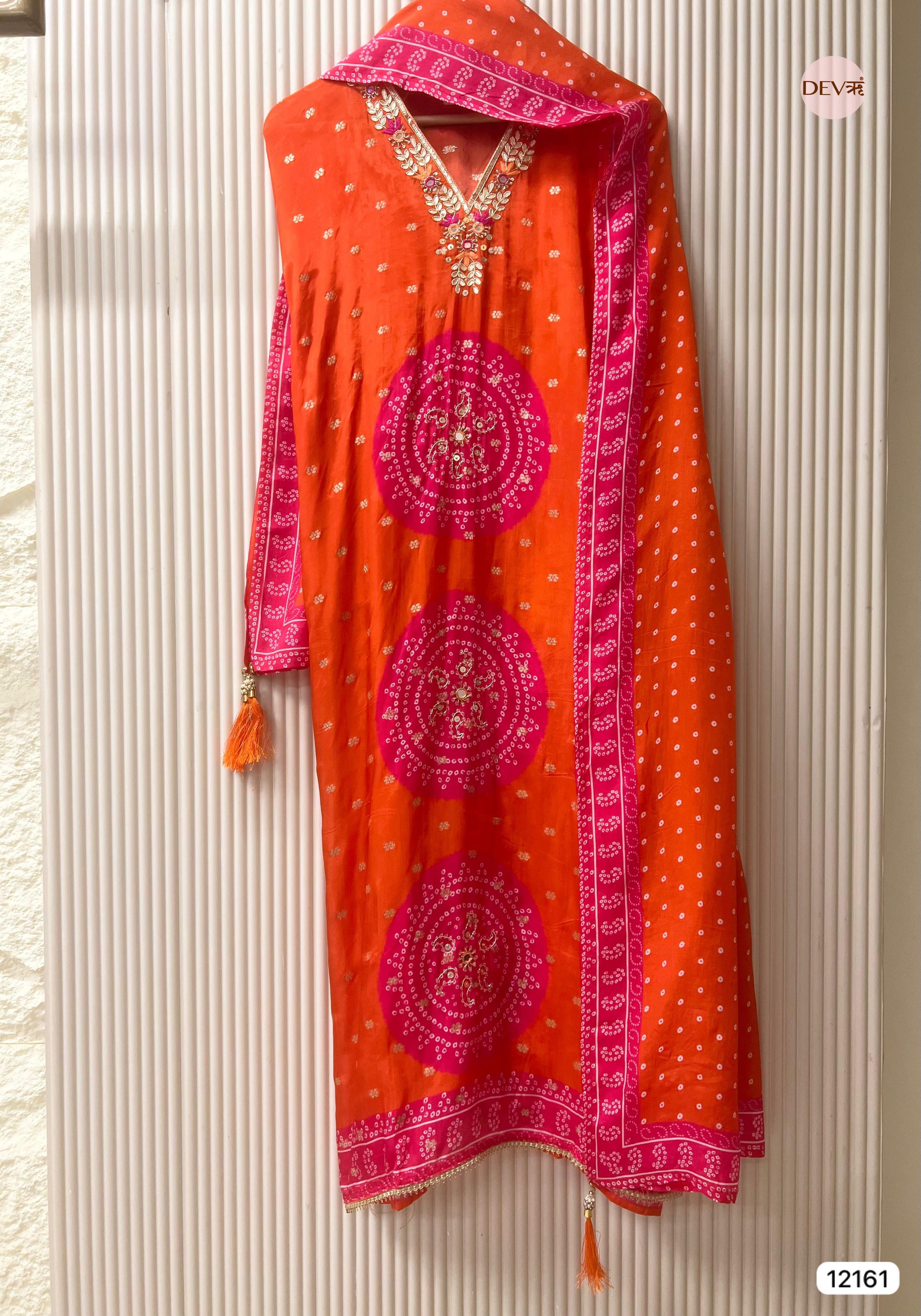 Orange Pure Shimmer Organza Silk Unstitched Banarasi Woven Bandhani Printed Hand Embroidered -Set Of 3 - {12161}
