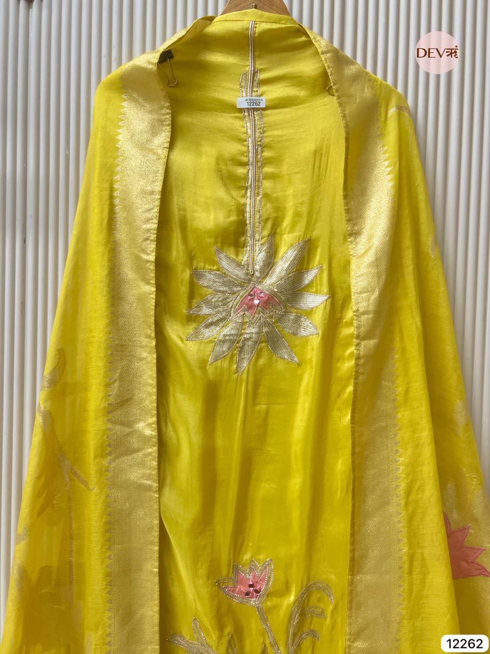 Yellow Shimmer Silk Embroidered Unstitched 3-Piece Suit (Devri – D.No 12262)