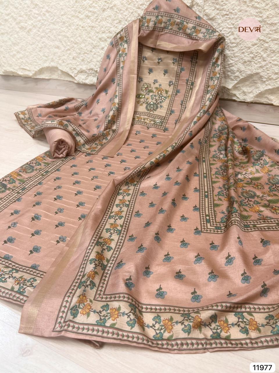 Blush Pure Tusser Silk Printed Unstitched 3-Piece Suit (Devri – D.No 11977)