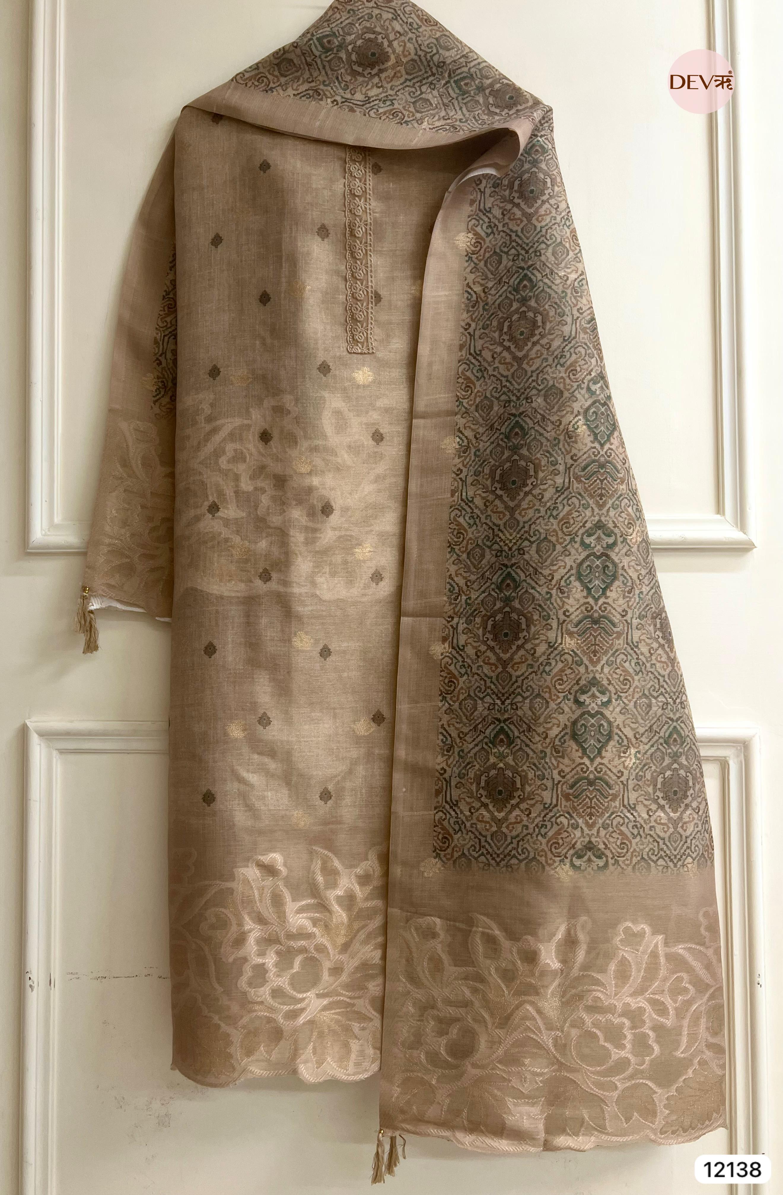 Beige Pure Jamdhani Silk Unstitched Woven Embroidered -Set Of 3 - {12138}