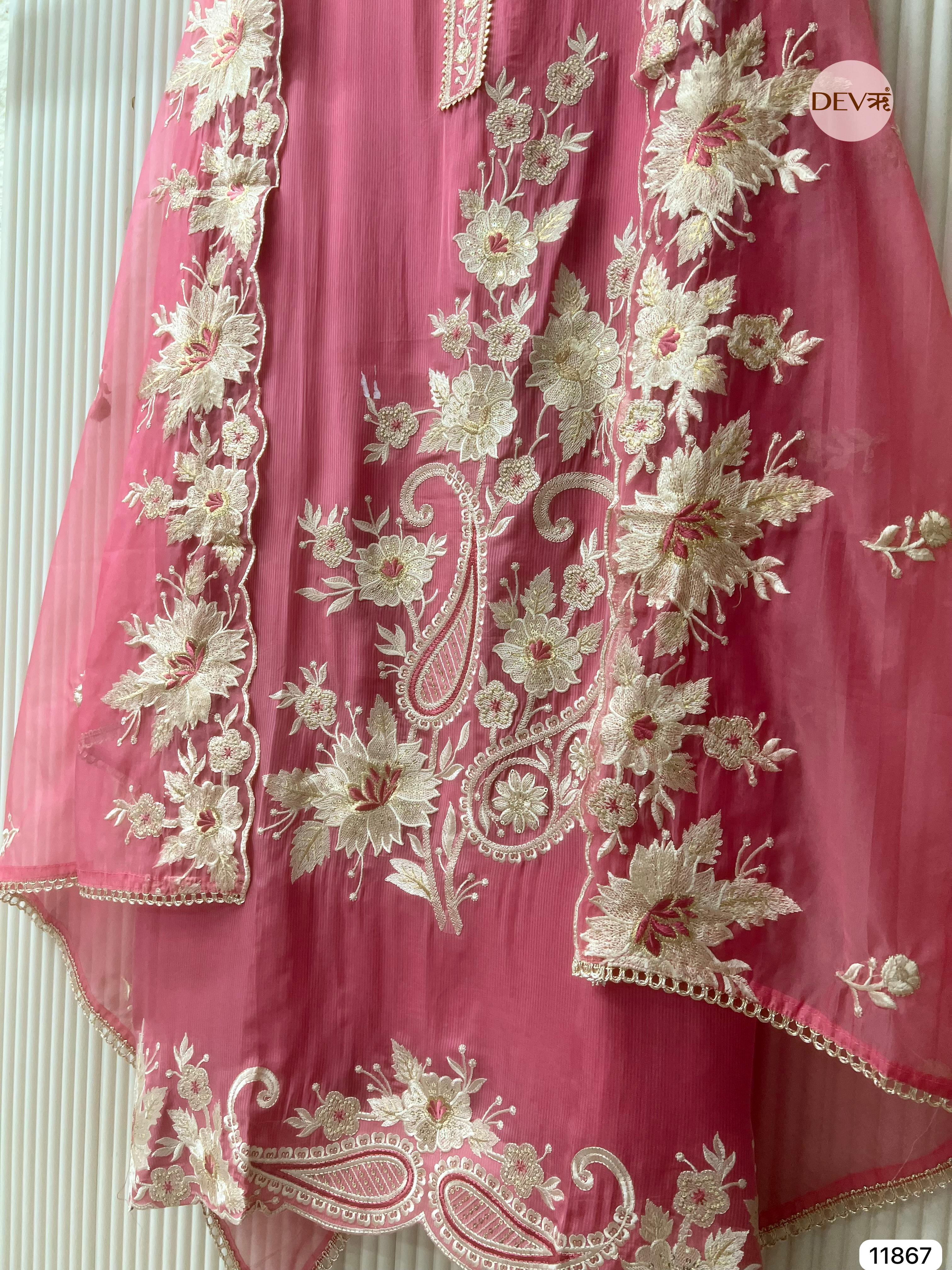 Pink Tissue Silk Unstitched Embroidered -Set Of 3- {11867}