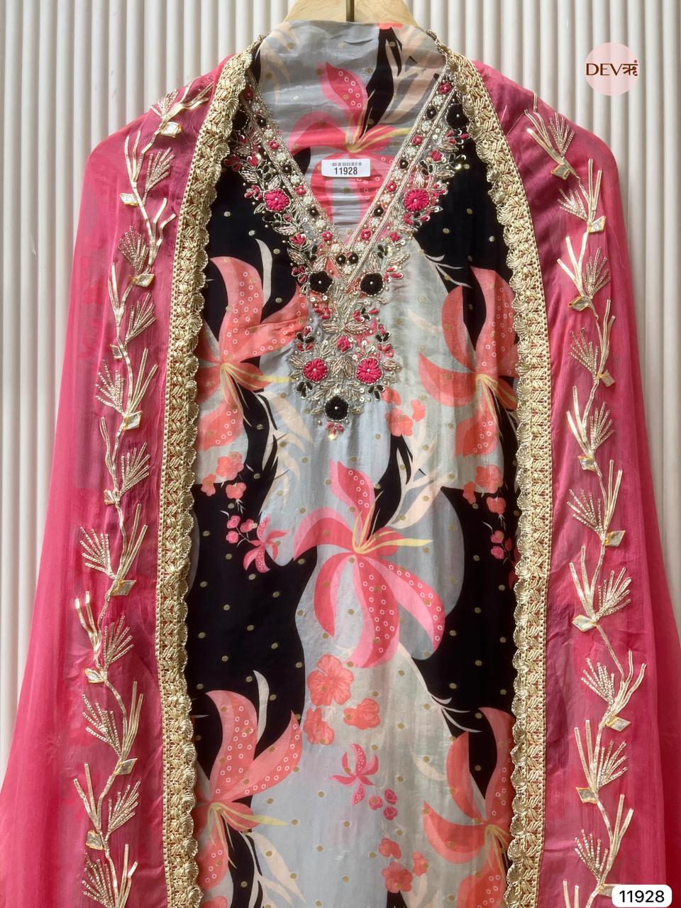 Pink Glass Tissue Silk Unstitched Printed Hand Embroidered -Set Of 3 - {11928}