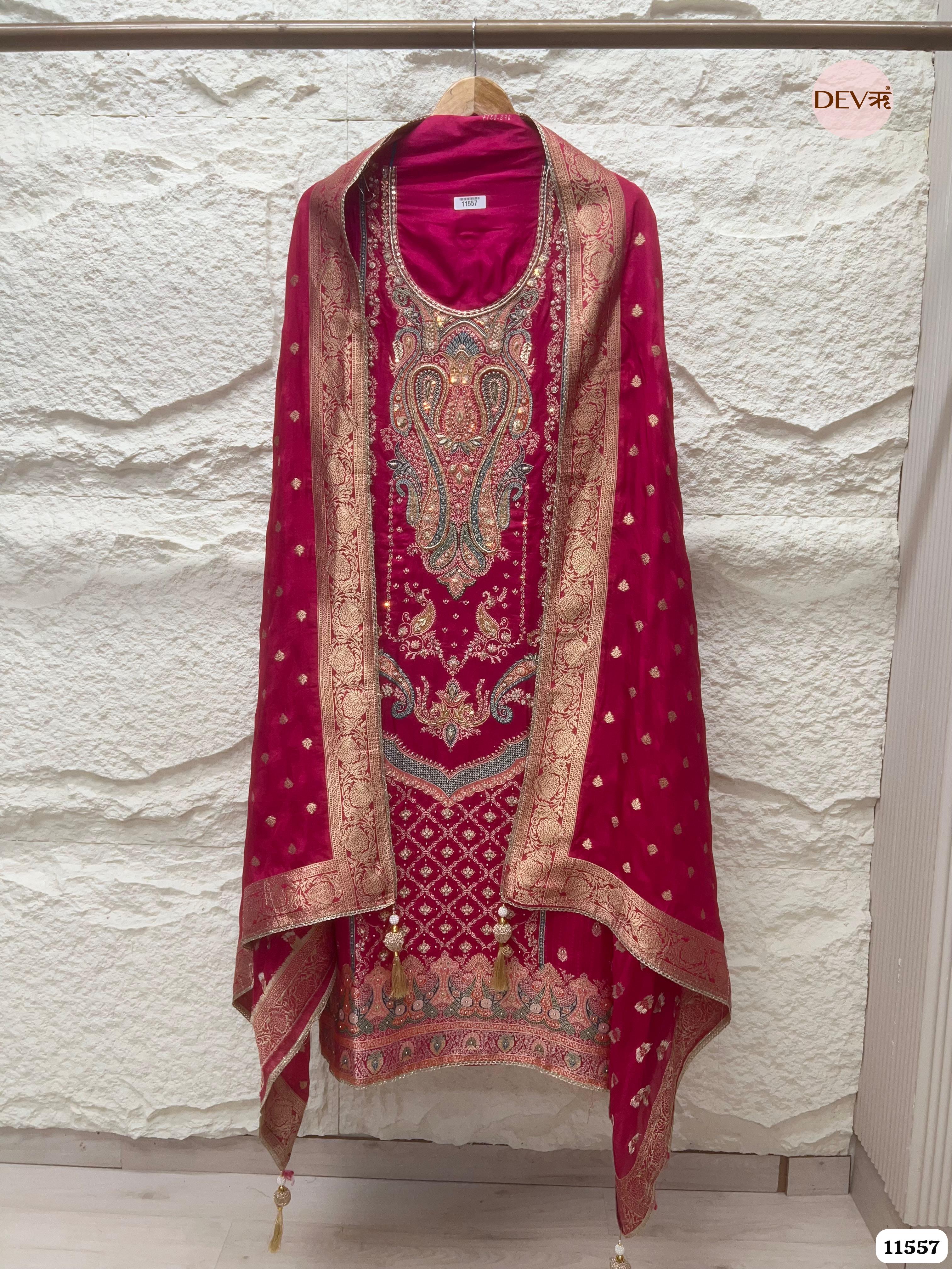 Rani Pink Pure Dola Silk Unstitched Hand Embroidered Banarasi Weave -Set Of 3 {11557}