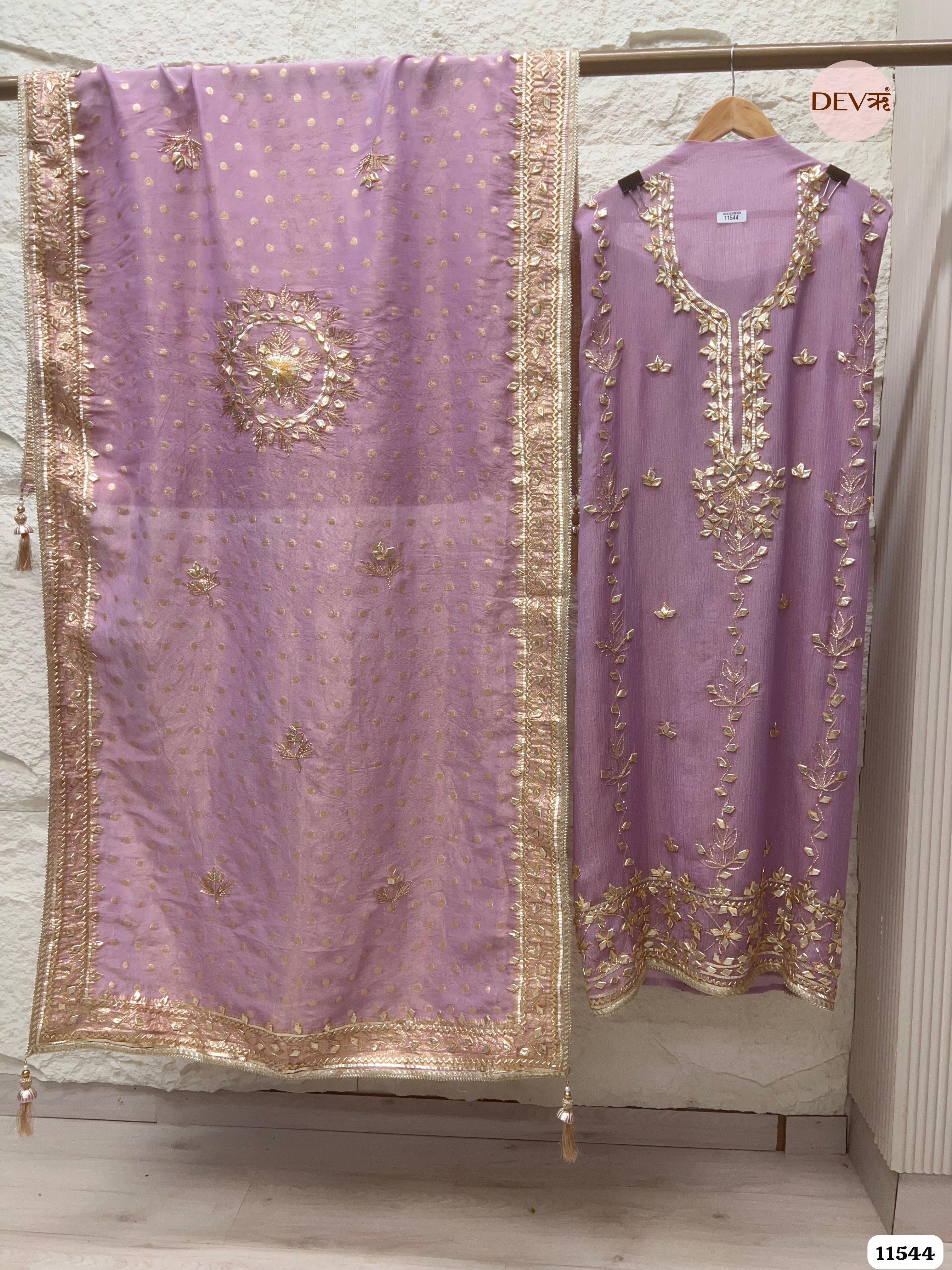 Purple Pure Chinon Unstitched Hand Embroidered -Set Of 3 {11544}