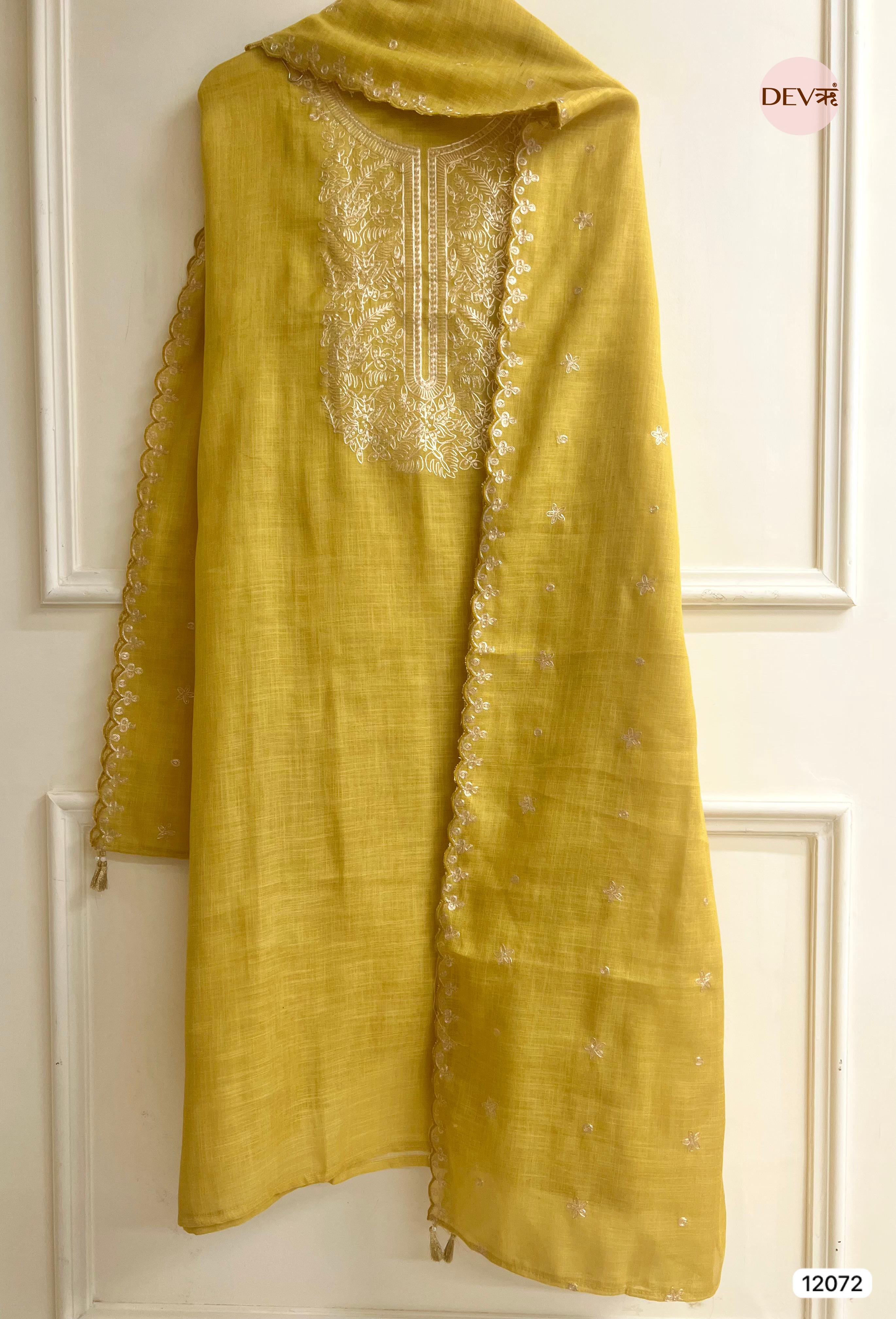 Yellow Pure Linen Unstitched Zardosi Embroidered -Set Of 3 - {12072}