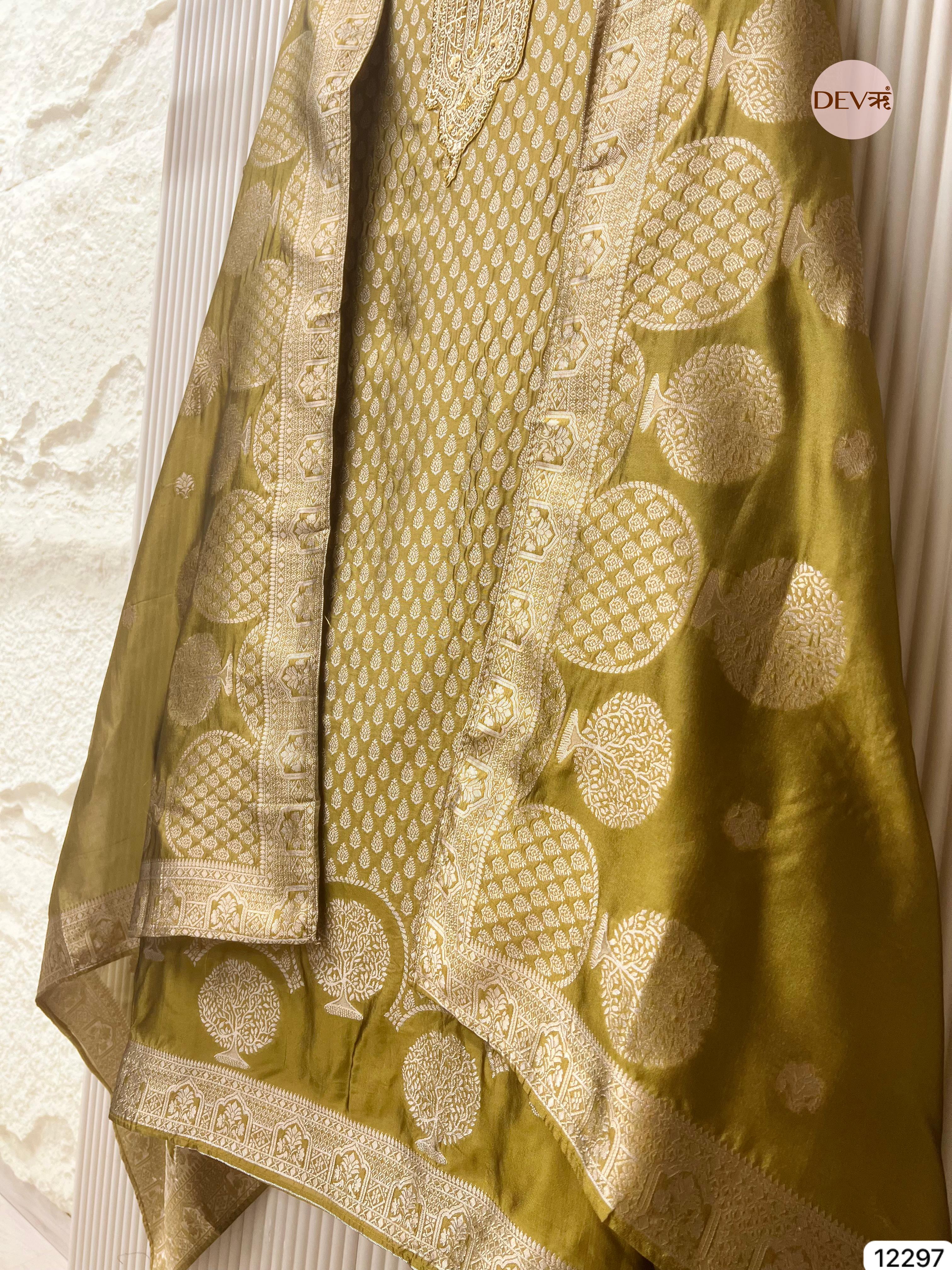 Olive Gold Pure Banarasi Silk Woven Unstitched 3-Piece Suit (Devri – D.No 12297)