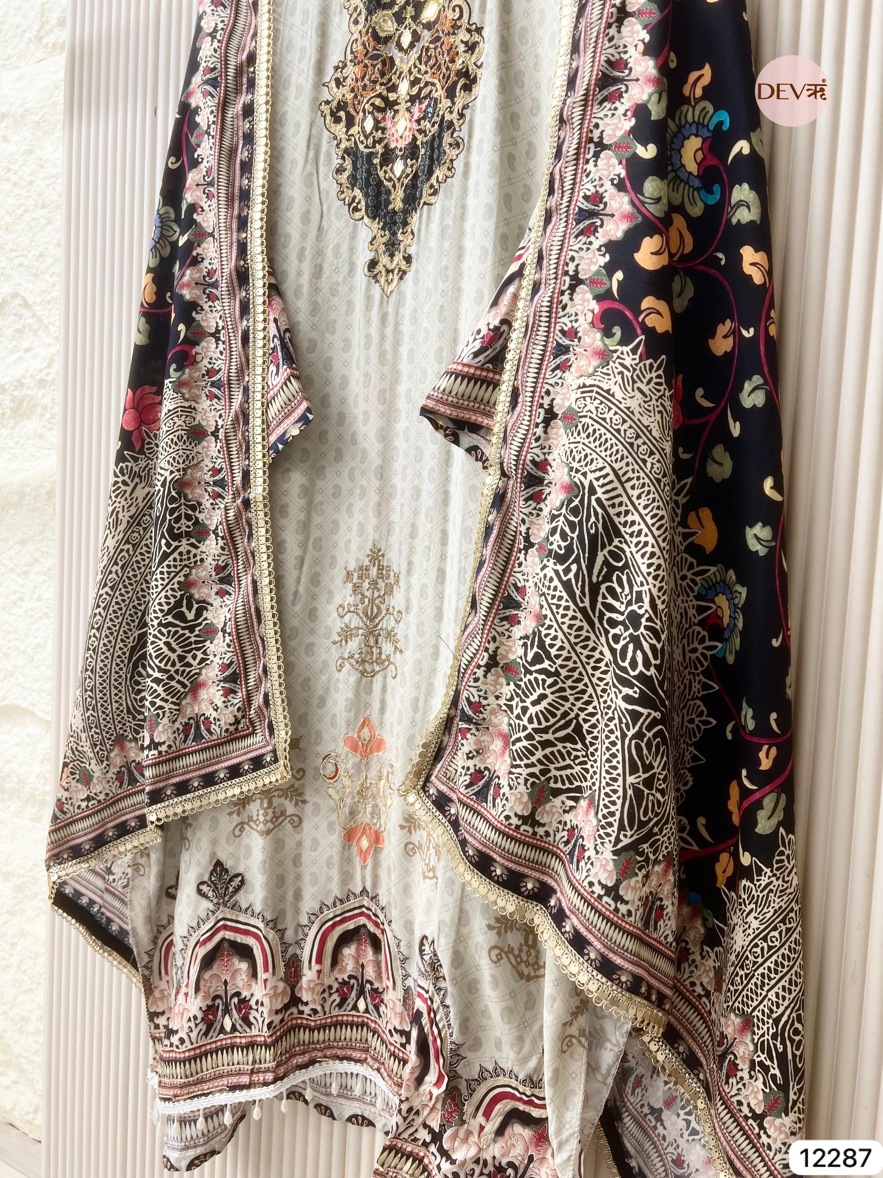 Ivory Muslin Printed Unstitched 3-Piece Suit (Devri – D.No 12287)