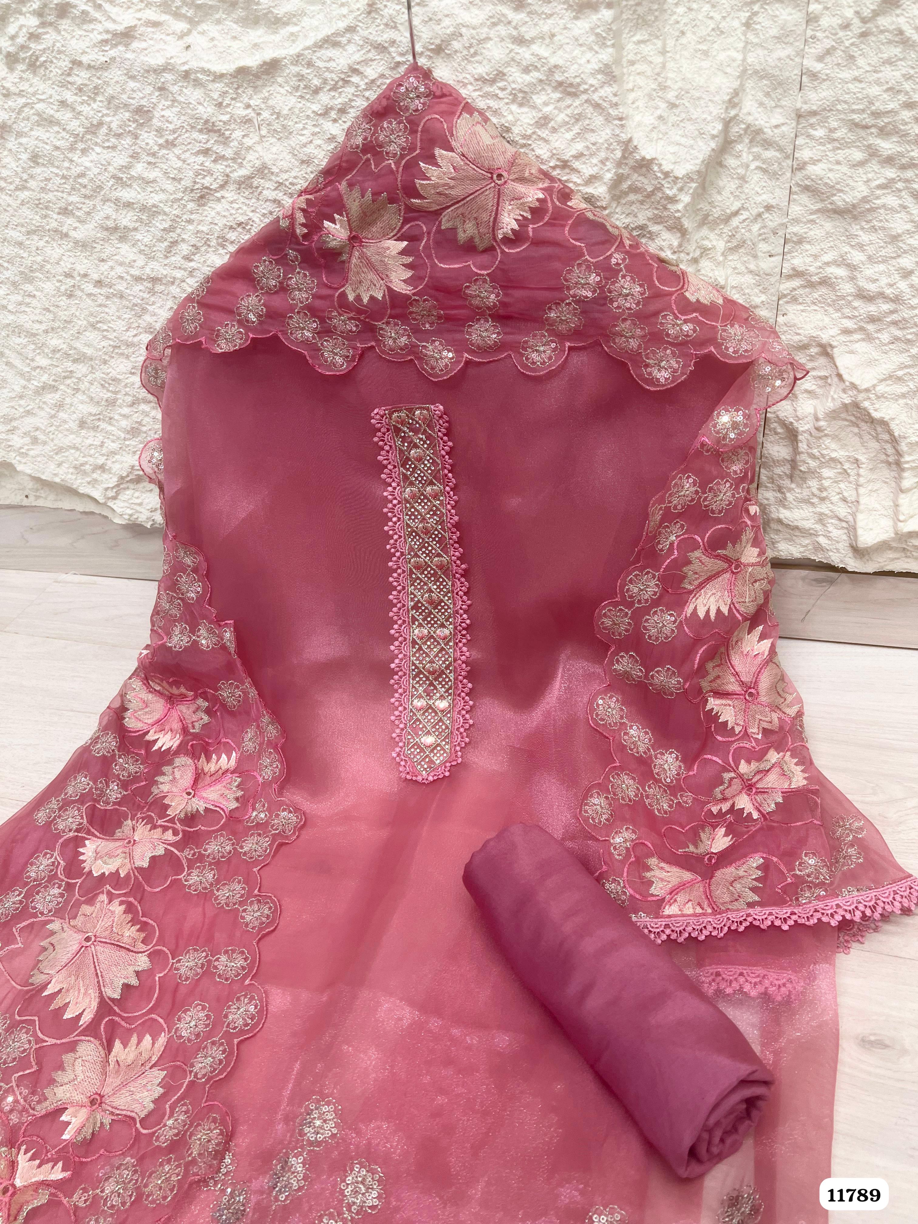 Pink Tissue Silk Unstitched Embroidered -Set Of 3 {11789}