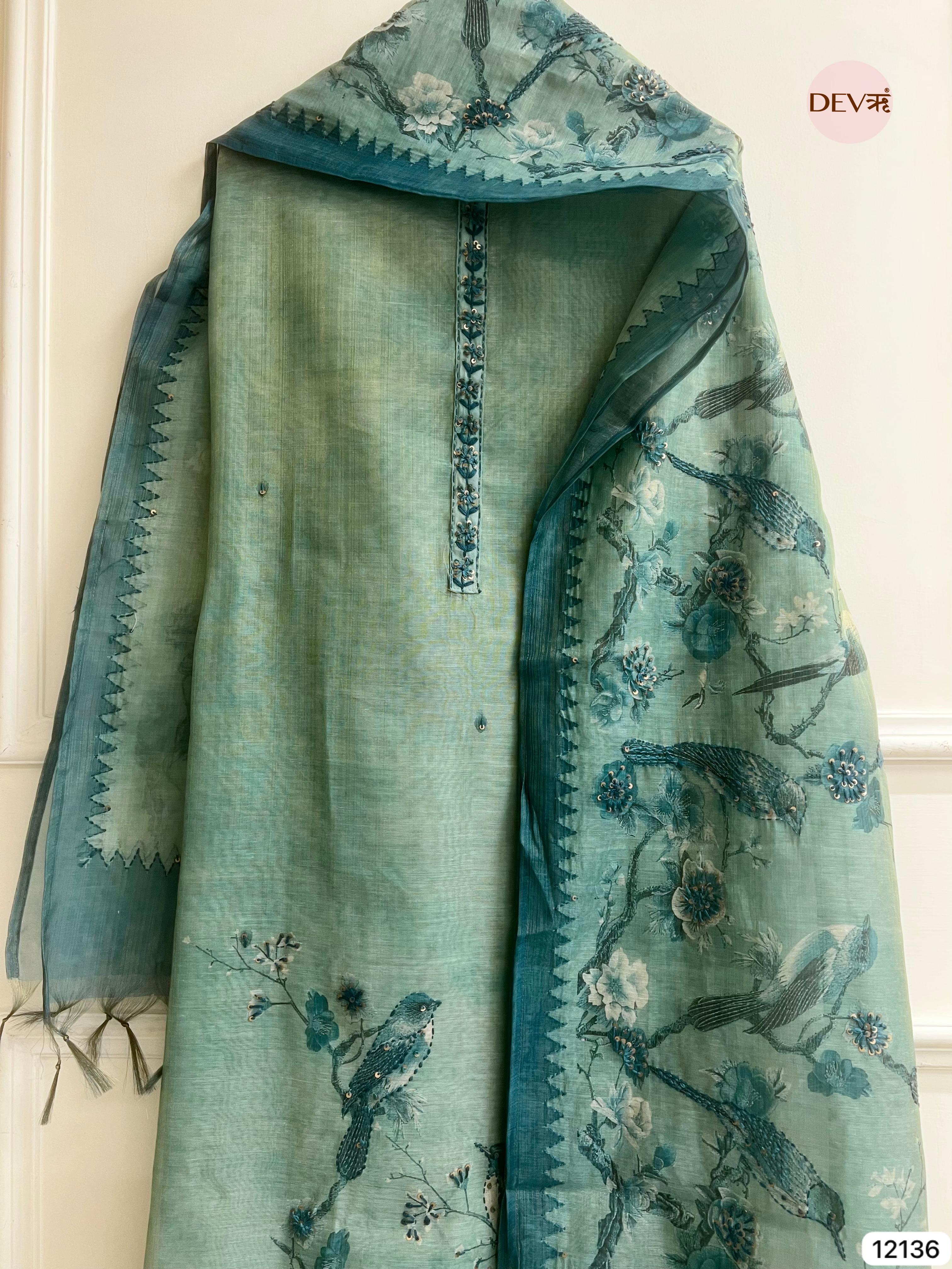 Green Pure  Soft jamdani linen Woven Unstitched -Set Of 3 - {12136}
