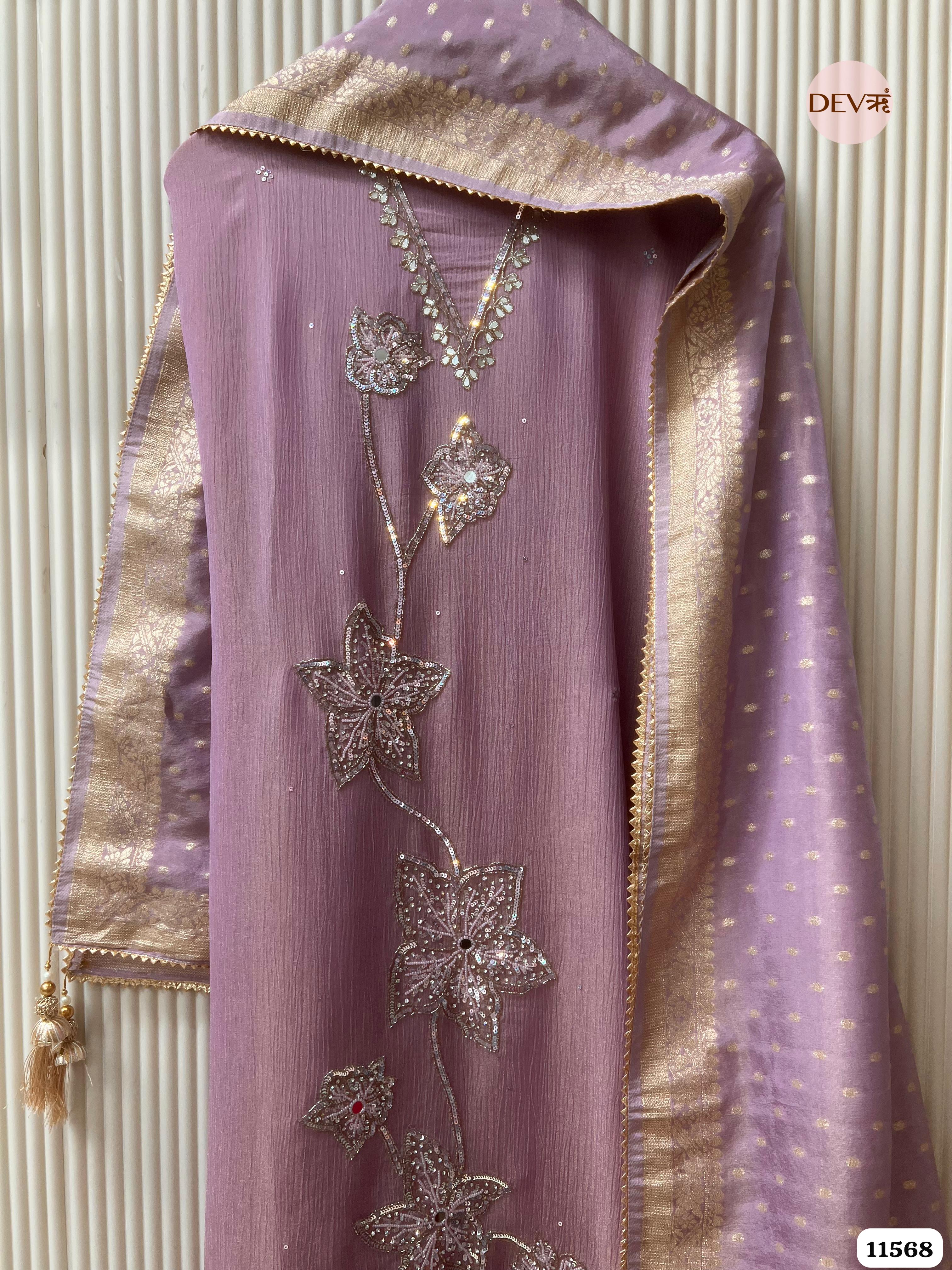 Purple Pure Chino Unstitched Hand Embroidered -Set Of 3 {11568}