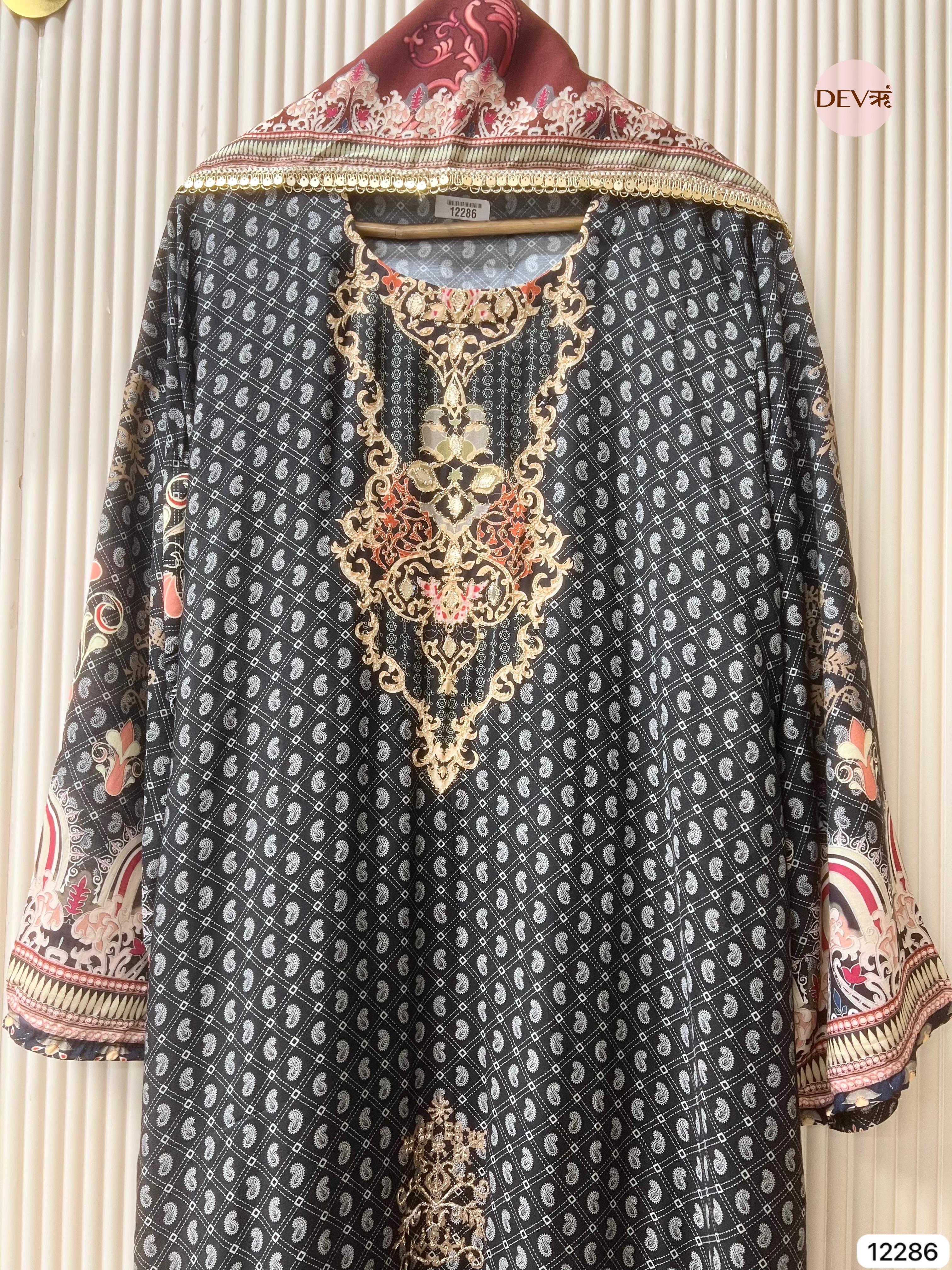 Black Muslin Printed Unstitched 3-Piece Suit (Devri – D.No 12286)