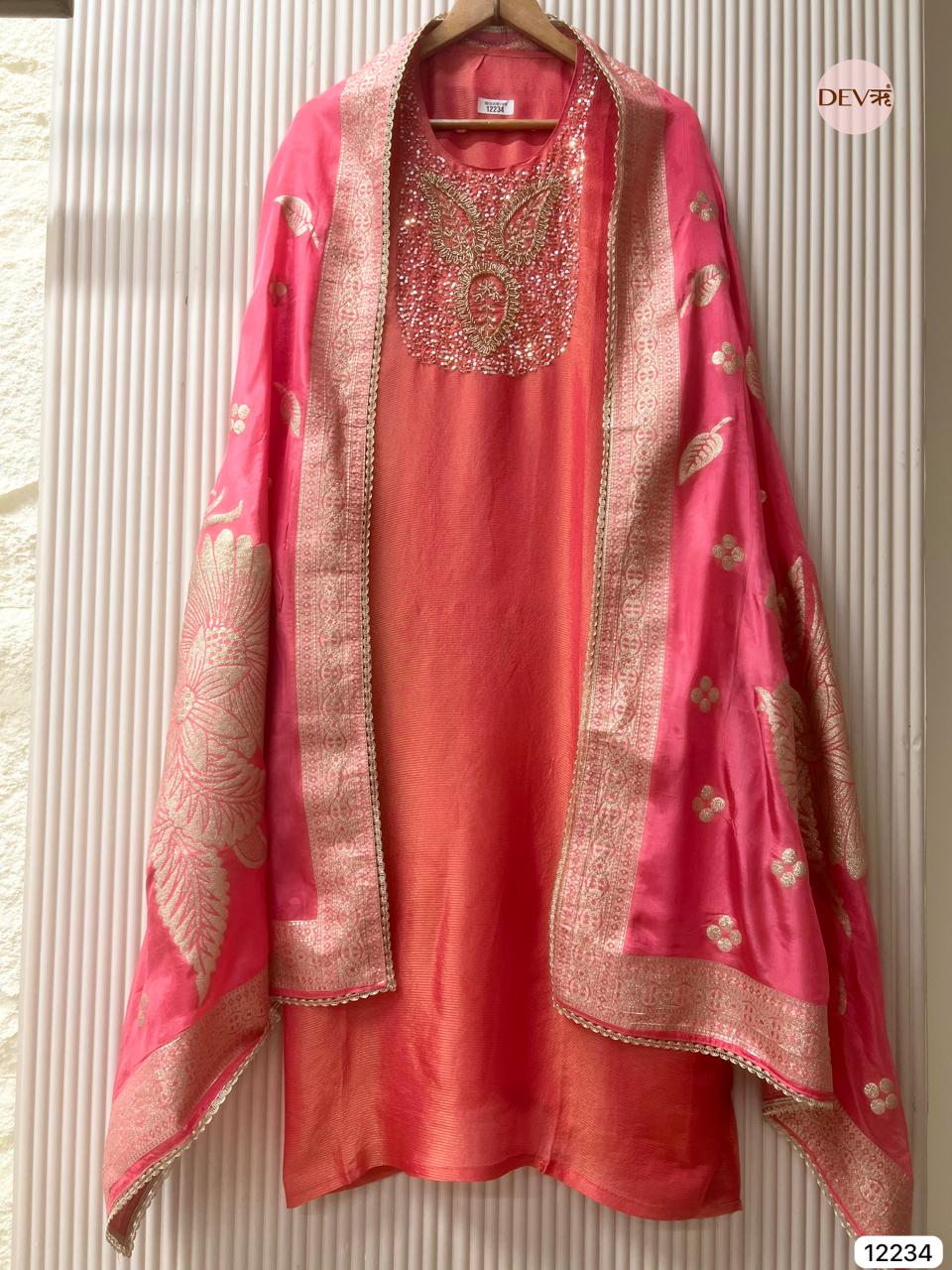 Coral Tissue Shimmer Silk Embroidered Unstitched 3-Piece Suit (Devri – D.No 12234)