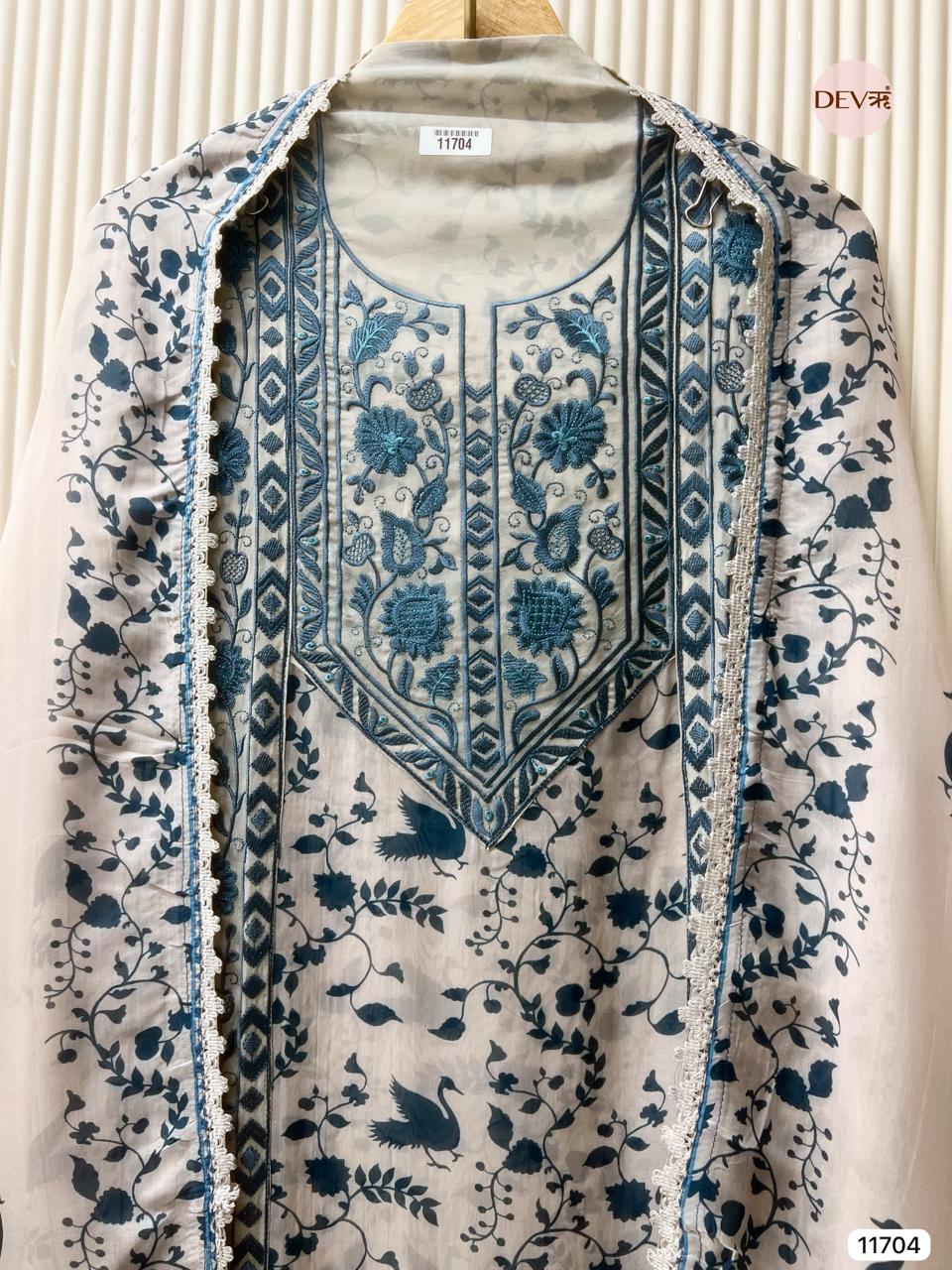 Beige Pure Organza Unstitched Embroidered -Set Of 3 - {11704}