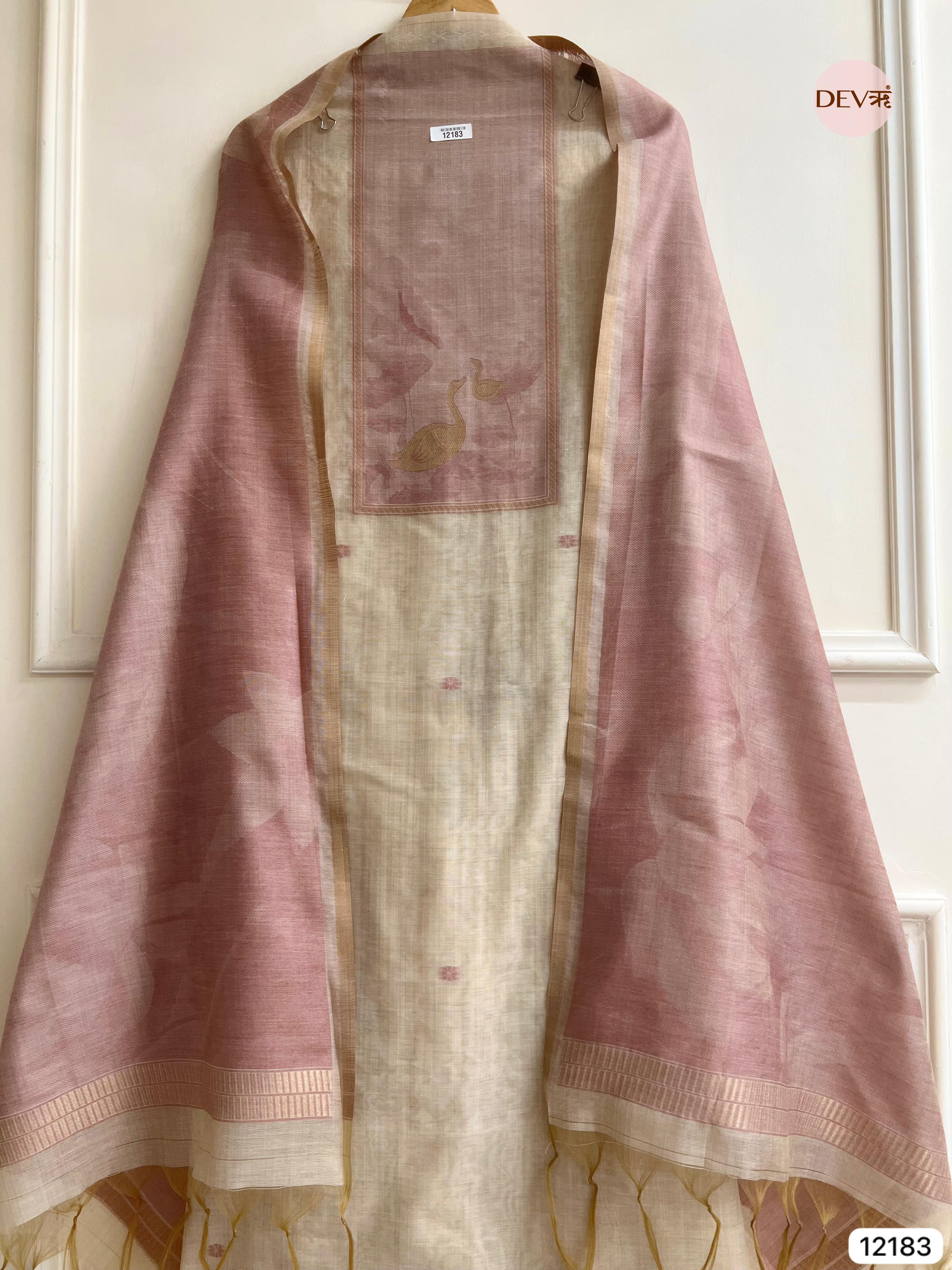Off White Pure Jamdhani Silk Unstitched Banarasi Woven -Set Of 3 - {12183}
