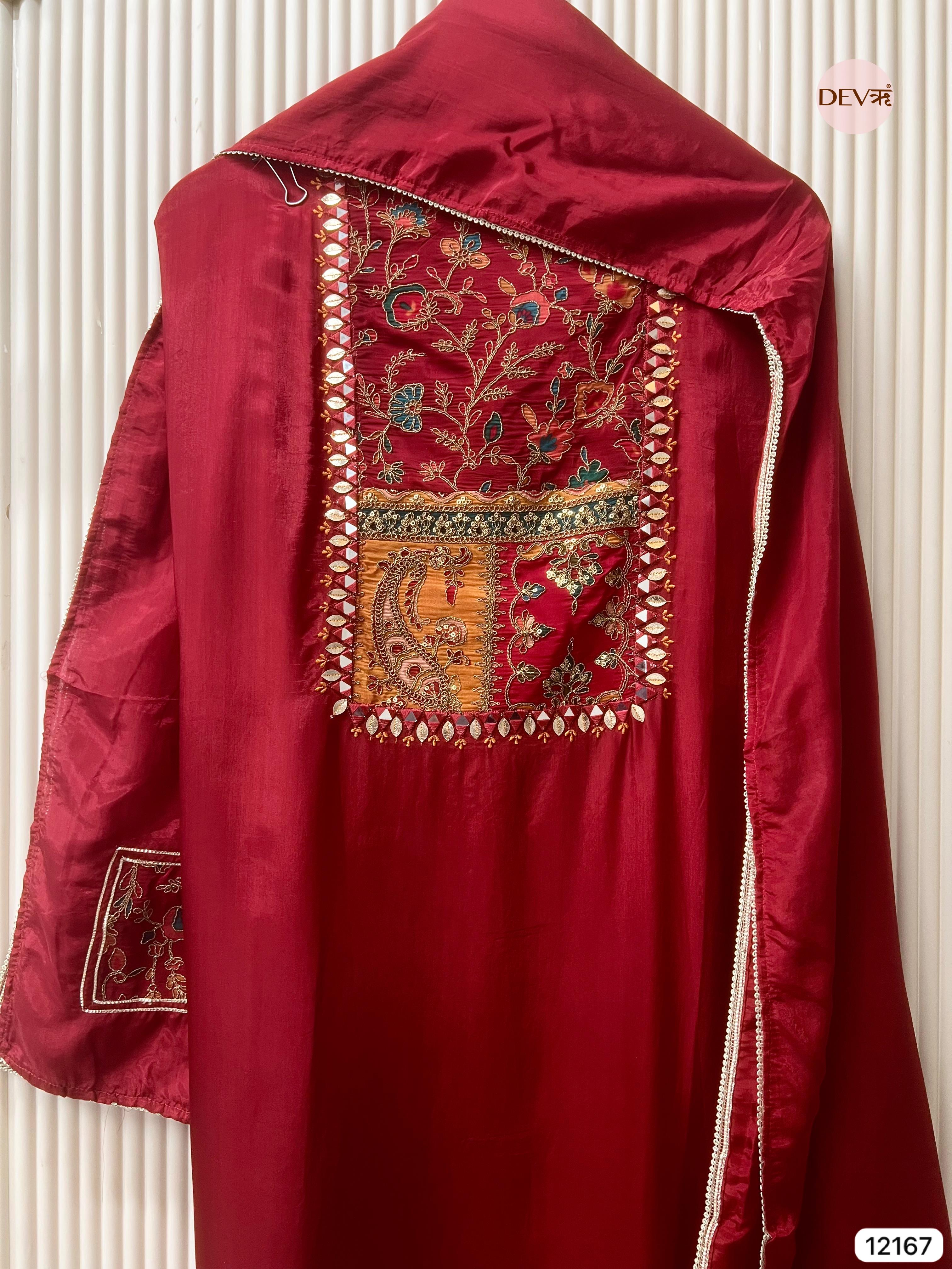 Red Organza Silk Unstitched Shirt with Hand Embroidered -Set Of 3 - {12167}