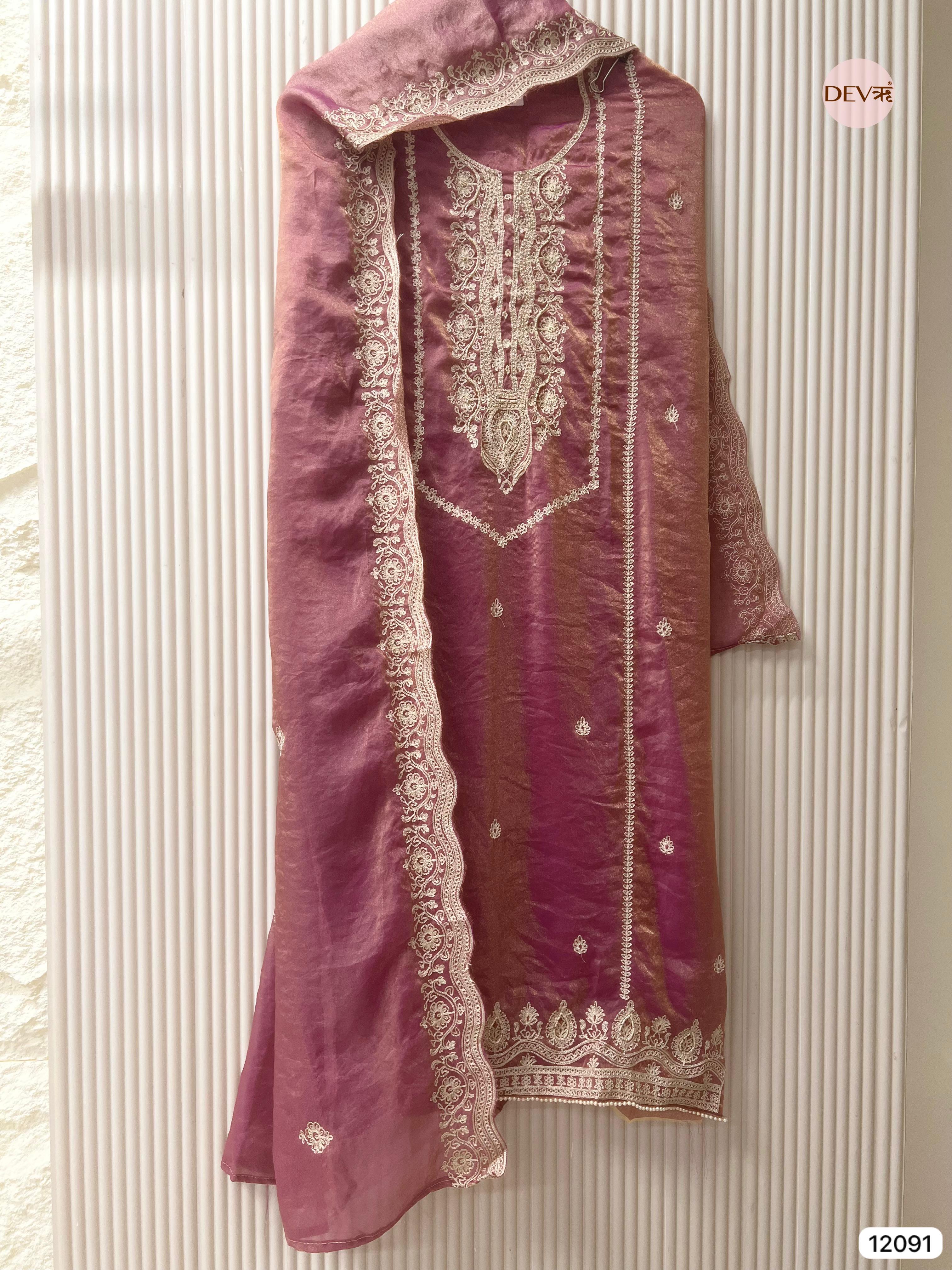 Purple Tissue Crush Silk Unstitched Embroidered -Set Of 3 - {12091}