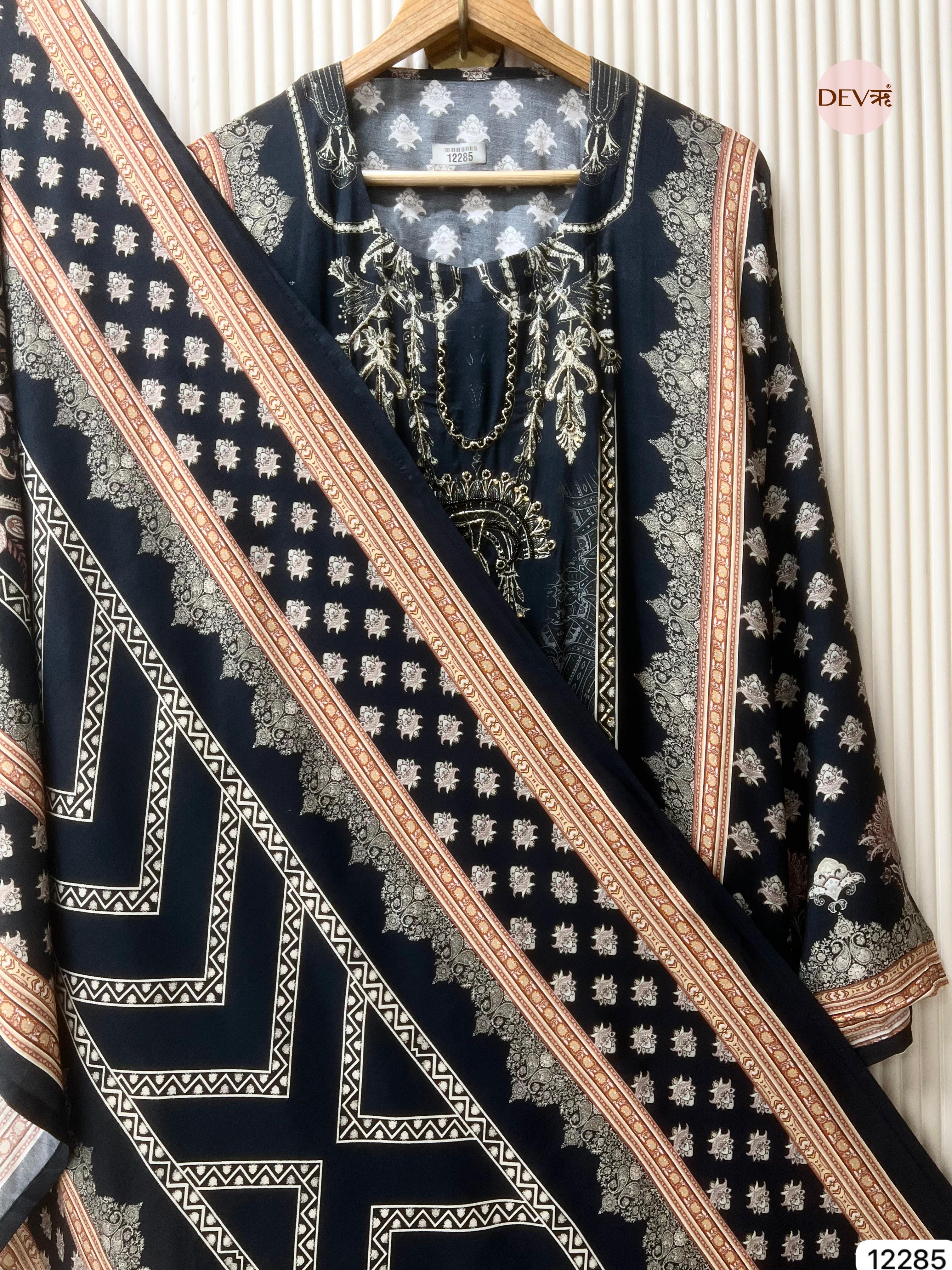 Navy Blue Muslin Printed Unstitched 3-Piece Suit (Devri – D.No 12285)