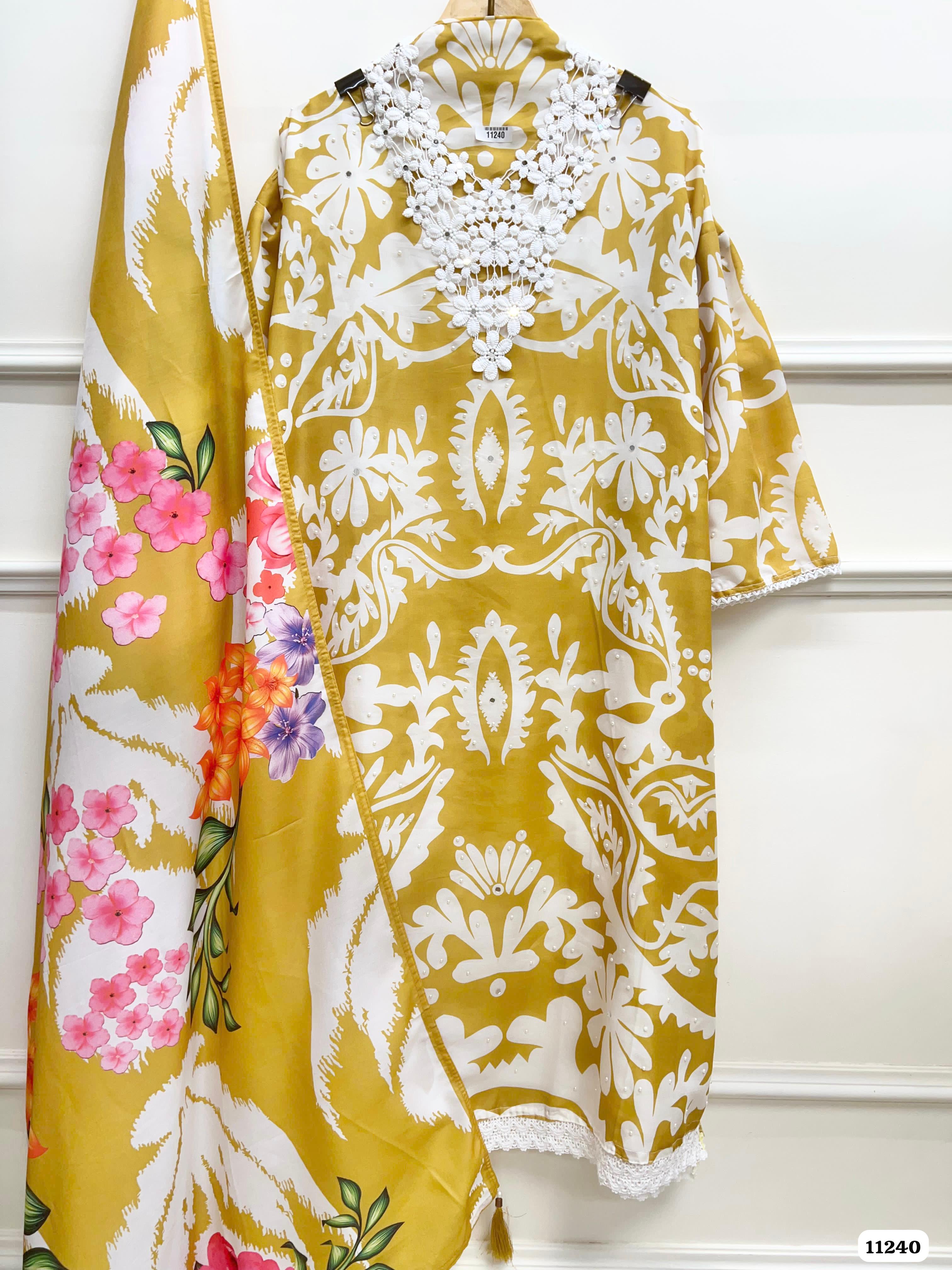 Yellow Muslin Blend Semi Stitched-Set Of 3 {11240}