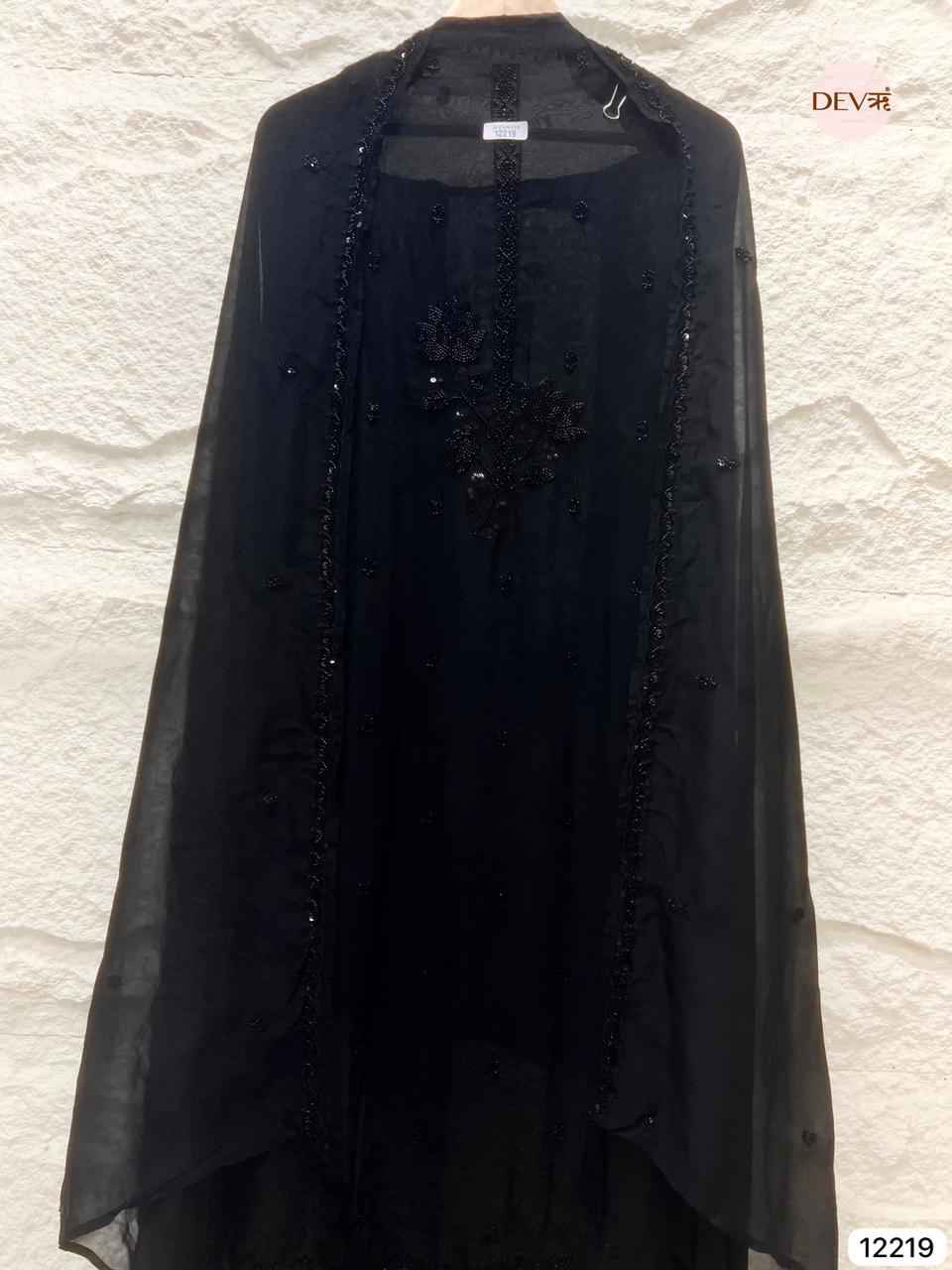 Elegant Black Organza Hand-Embroidered Unstitched 3-Piece Suit (Devri – D.No 12219)