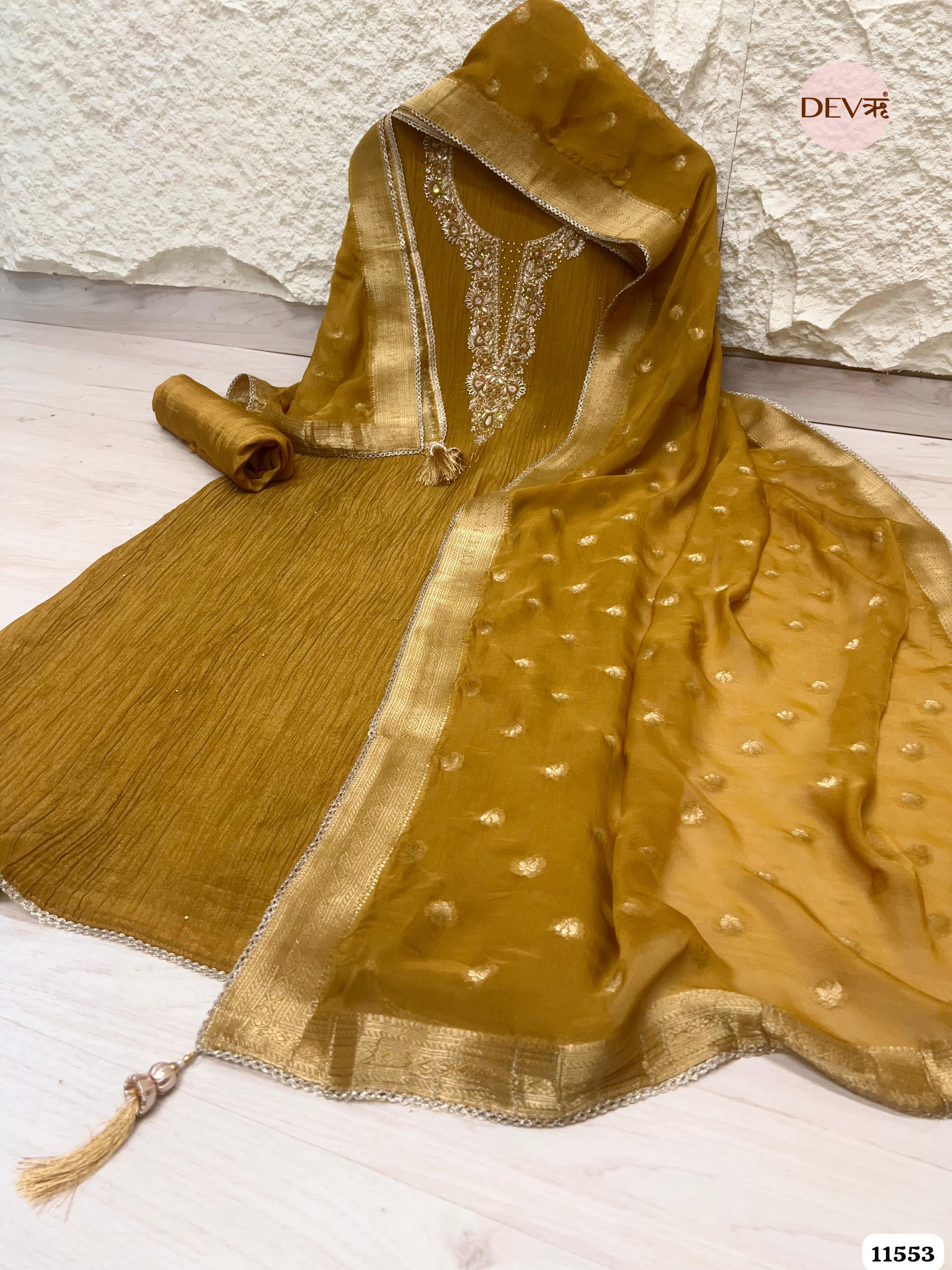 Mustard Yellow Pure Tissue Crush Silk Unstitched Hand Embroidered -Set Of 3 {11553}