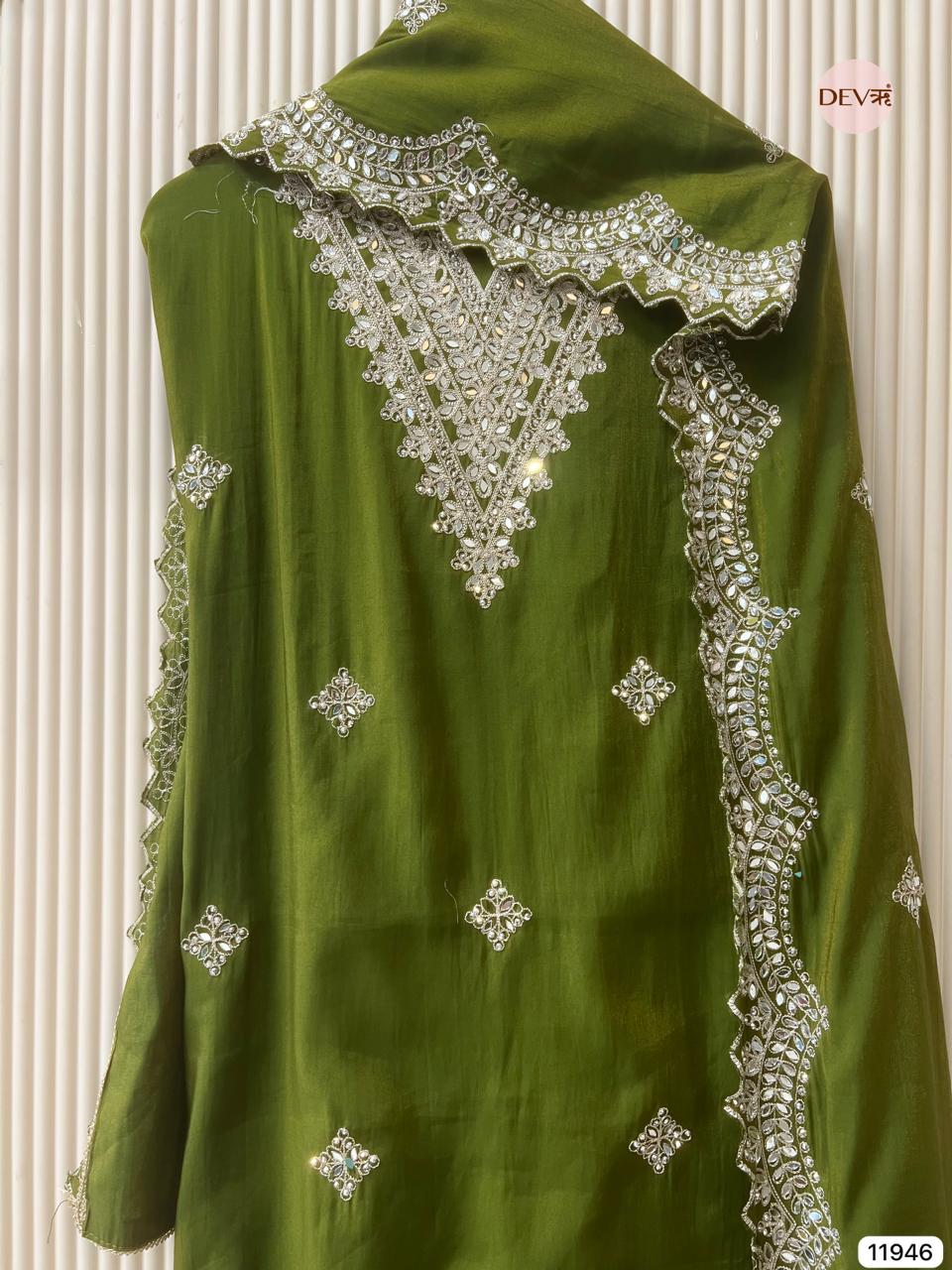 Green Modal Silk Unstitched Hand Embroidered -Set Of 3 - {11946}