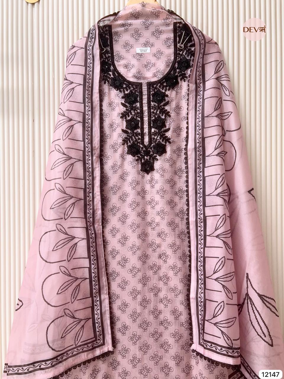 Pink Pure Organza Unstitched Printed Hand Embroidered -Set Of 3 - {12147}