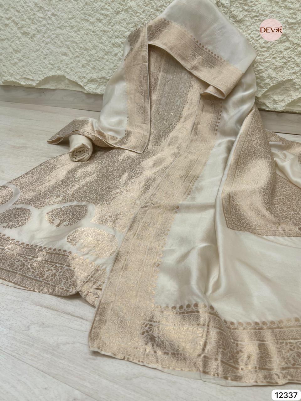 Ivory Beige Pure Banarasi Silk Embroidered Unstitched 3-Piece Suit (Devri – D.No 12337)
