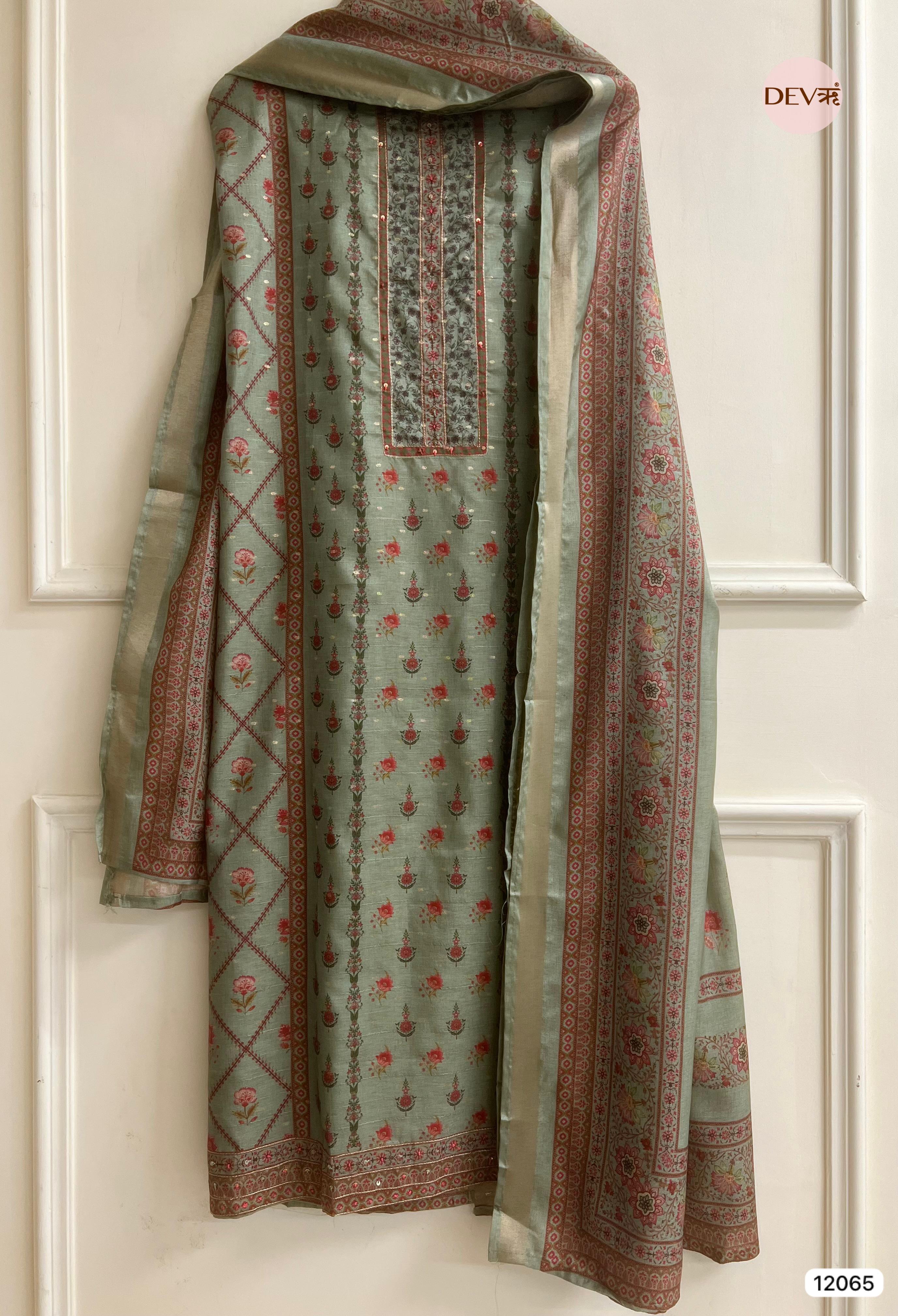 Green Raw Handloom Silk Unstitched Designer Printed With Hand Embroidery -Set Of 3 - {12065}