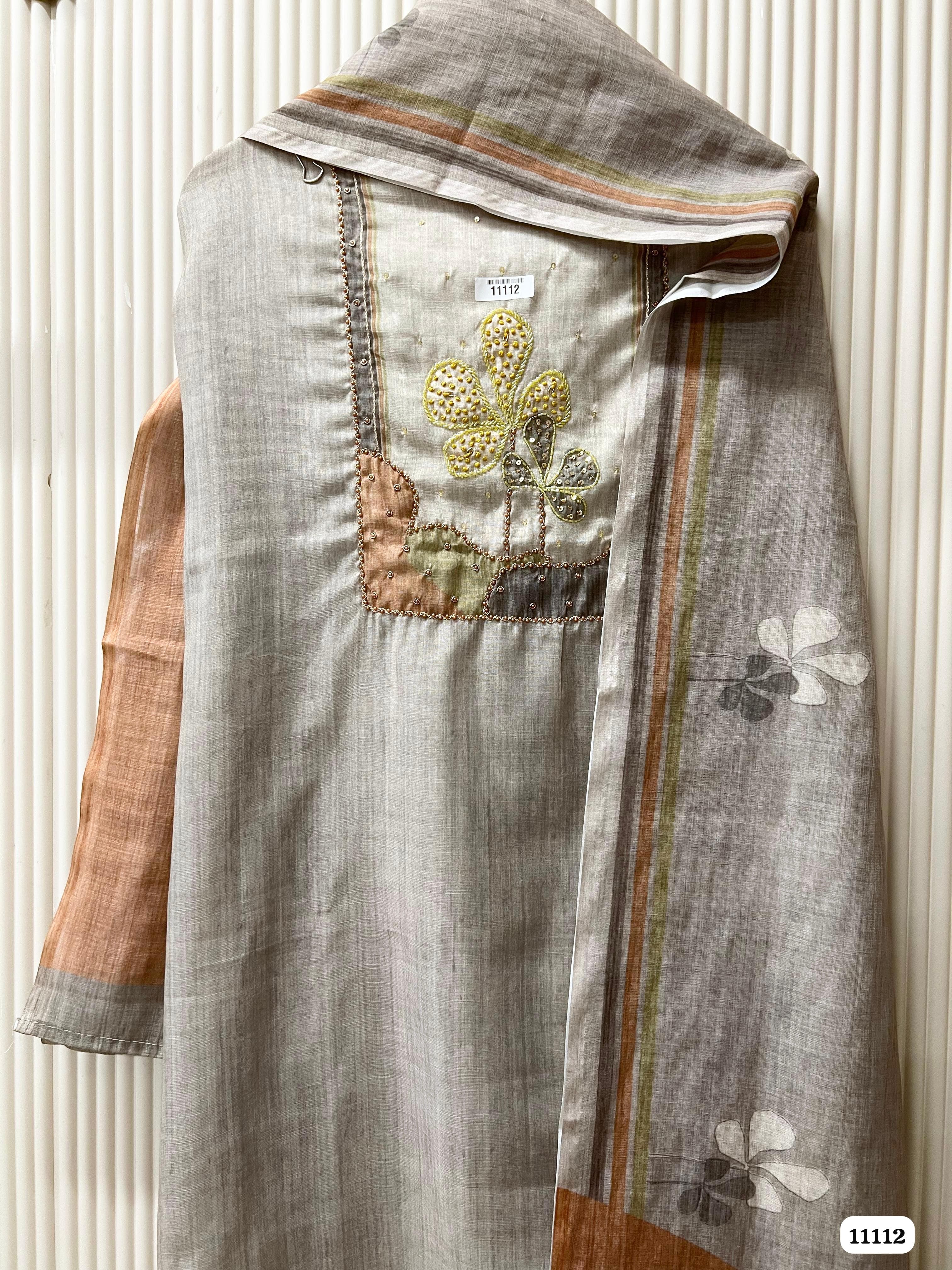 Grey Linen Printed Unstitched Hand Emboidered-Set Of 3 {11112}