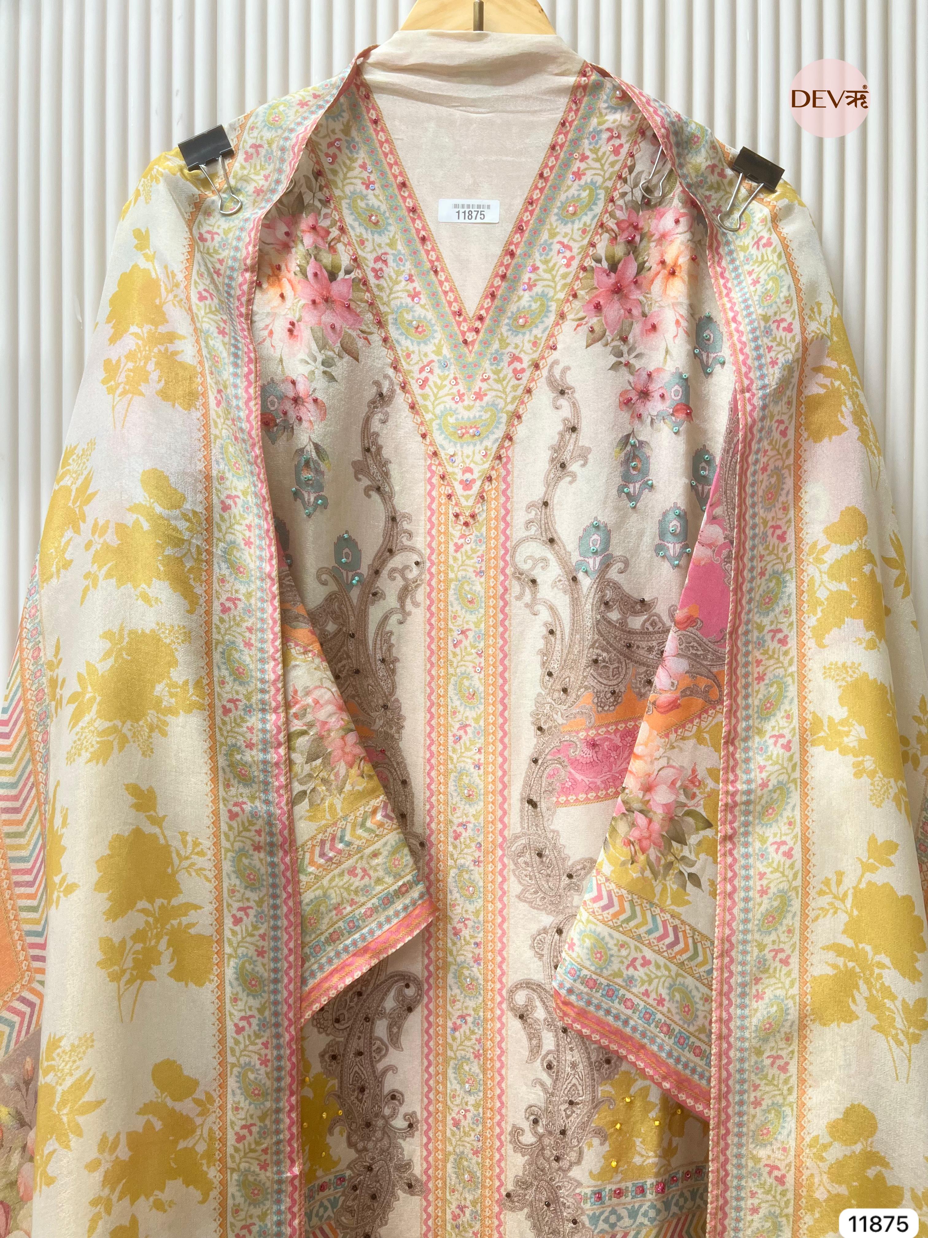 Multi Colour Tissue Shimmer Silk Semi Stitched Printed Hand Embroidered -Set Of 3 - {11875}