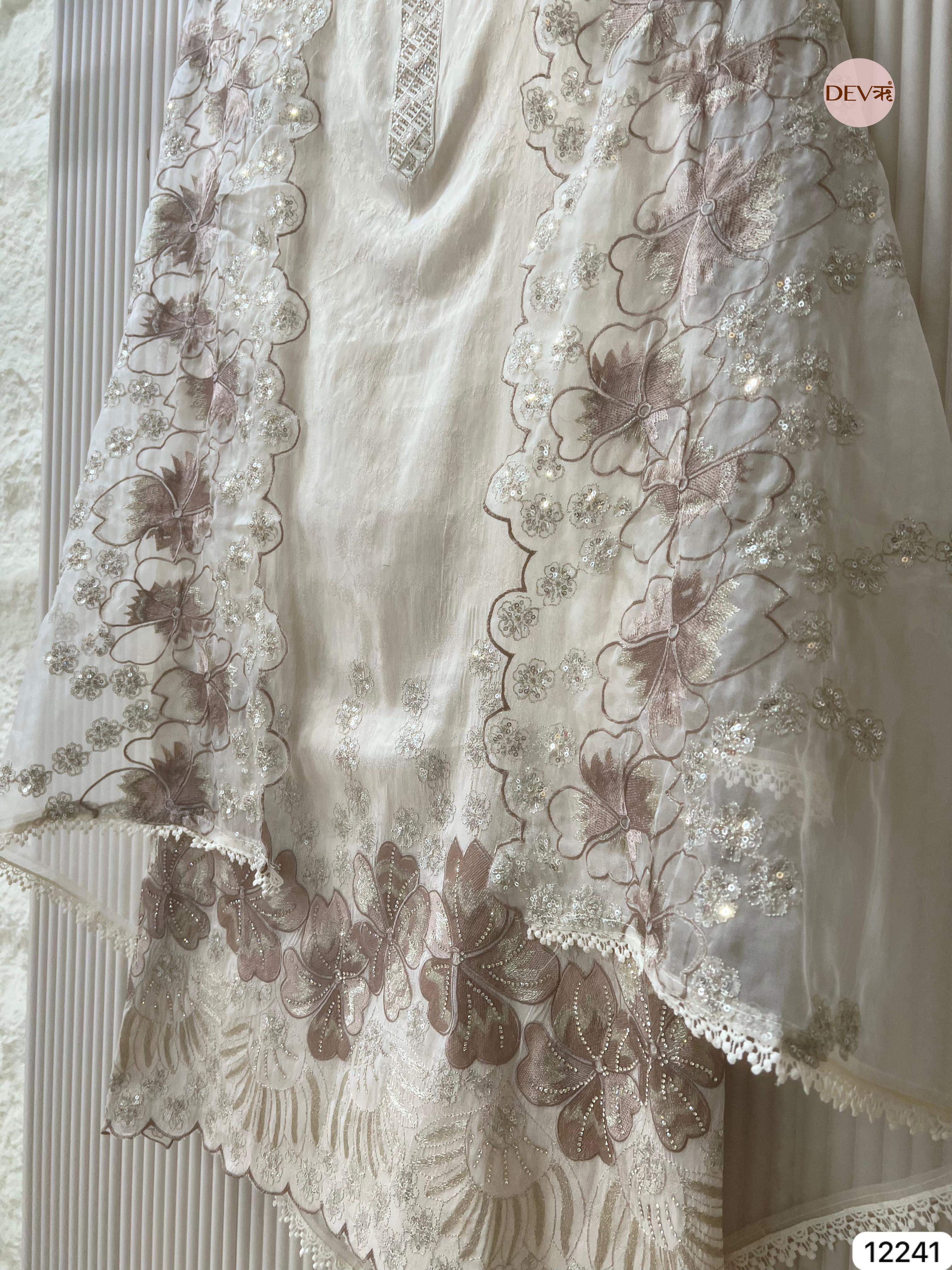 Ivory Tissue Shimmer Silk Embroidered Unstitched 3-Piece Suit (Devri – D.No 12241)