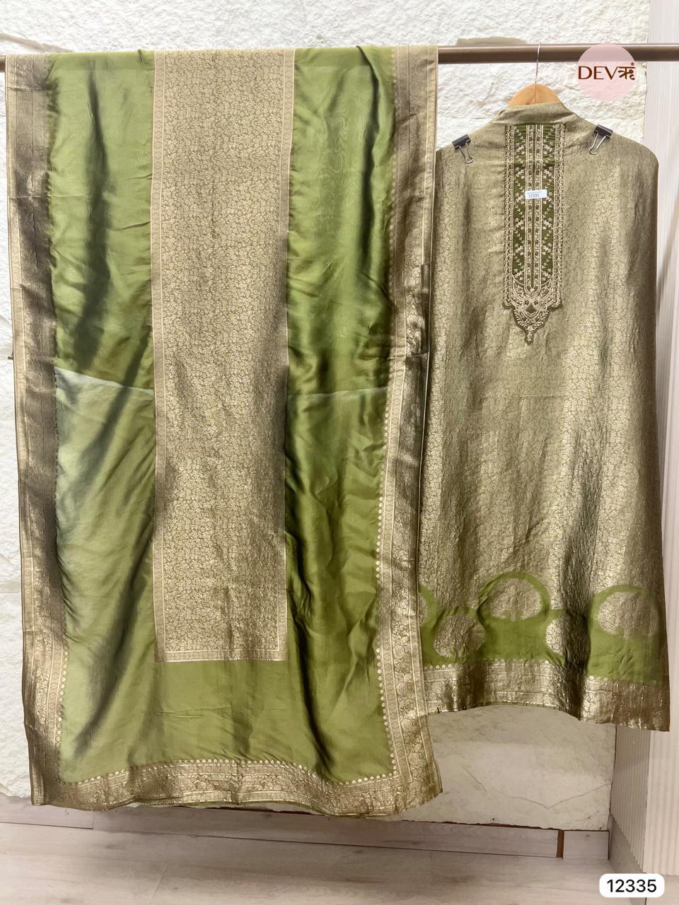 Olive Green Pure Banarasi Silk Embroidered Unstitched 3-Piece Suit (Devri – D.No 12335)
