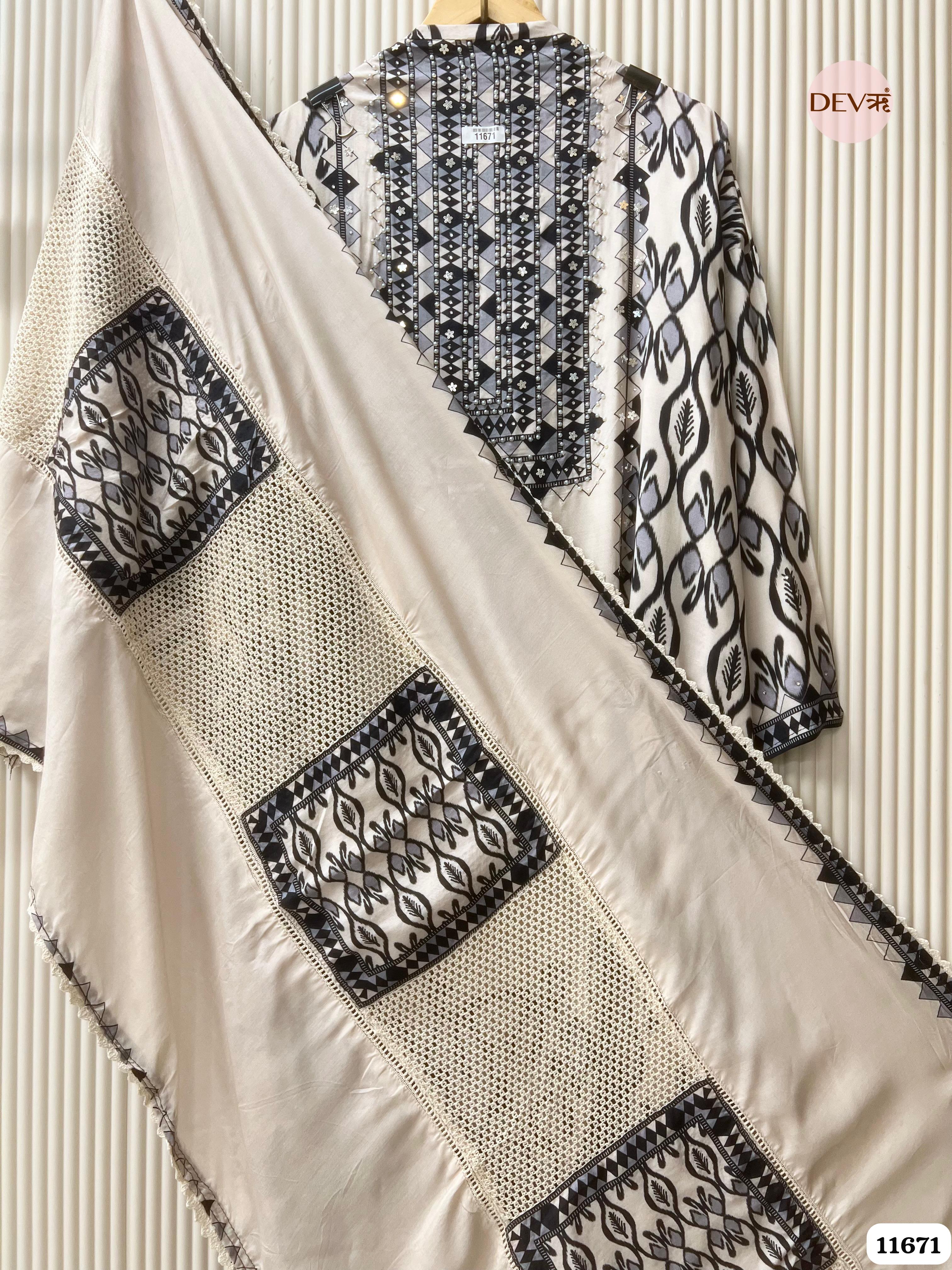 Off White Muslin Printed Semi Stitched Hand Embroidered -Set Of 3 {11671}