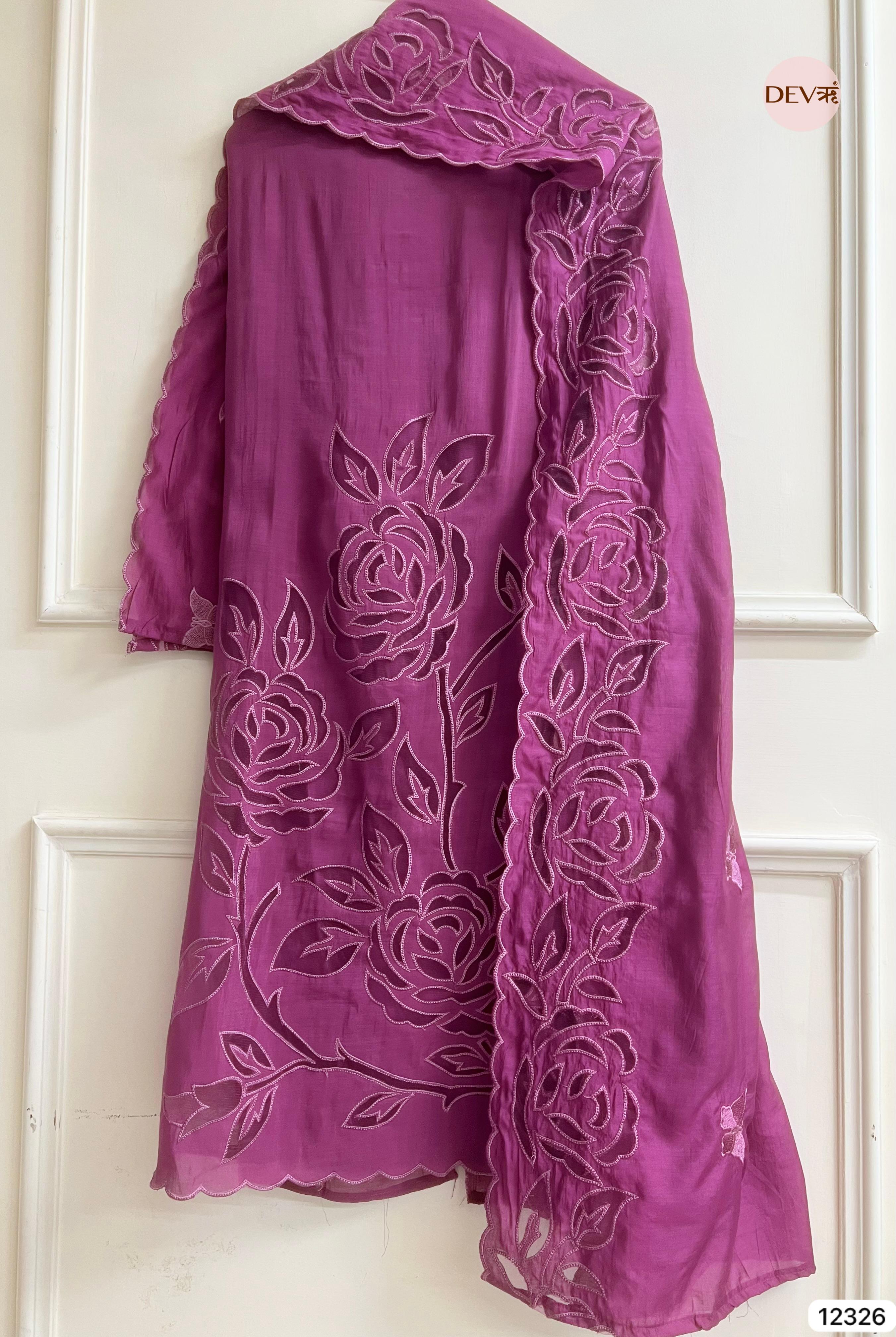 Magenta Mul Chanderi Embroidered Unstitched 3-Piece Suit (Devri – D.No 12326)