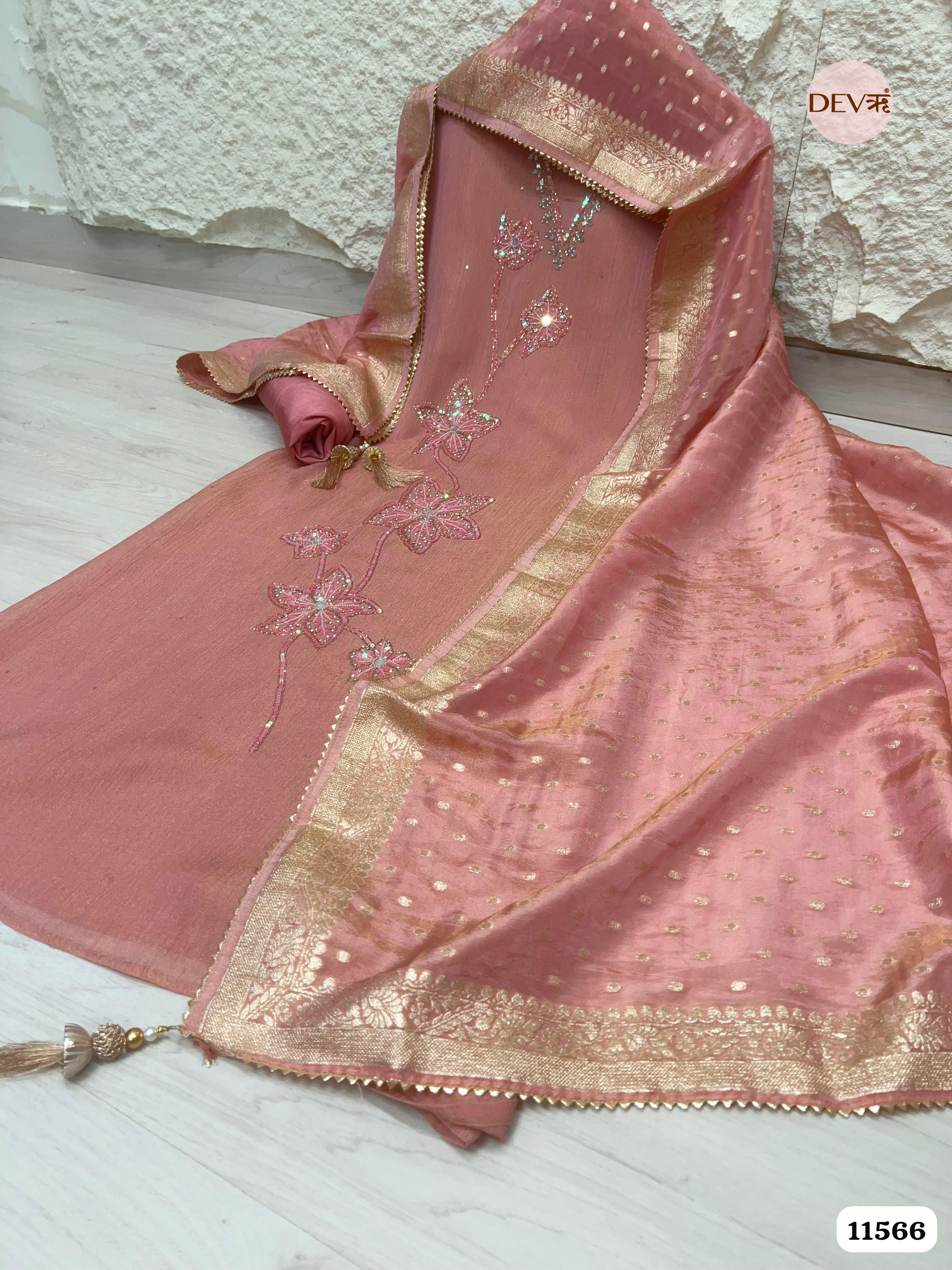 Pink Pure Chinon Unstitched Hand Embroidered -Set Of 3 {11566}