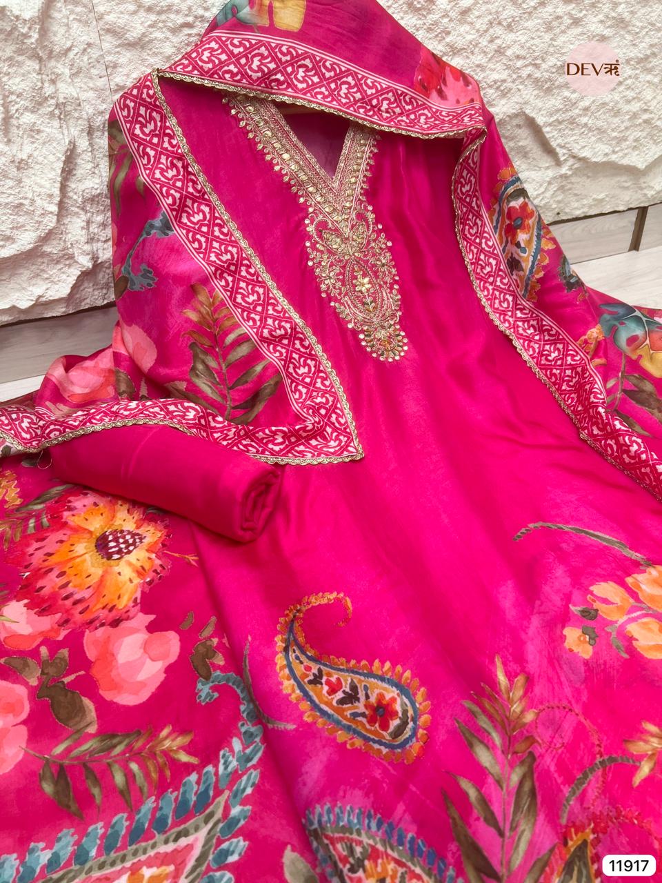 Pink Pure Russian Silk Unstitched Printed Hand Embroidered -Set Of 3 - {11917}