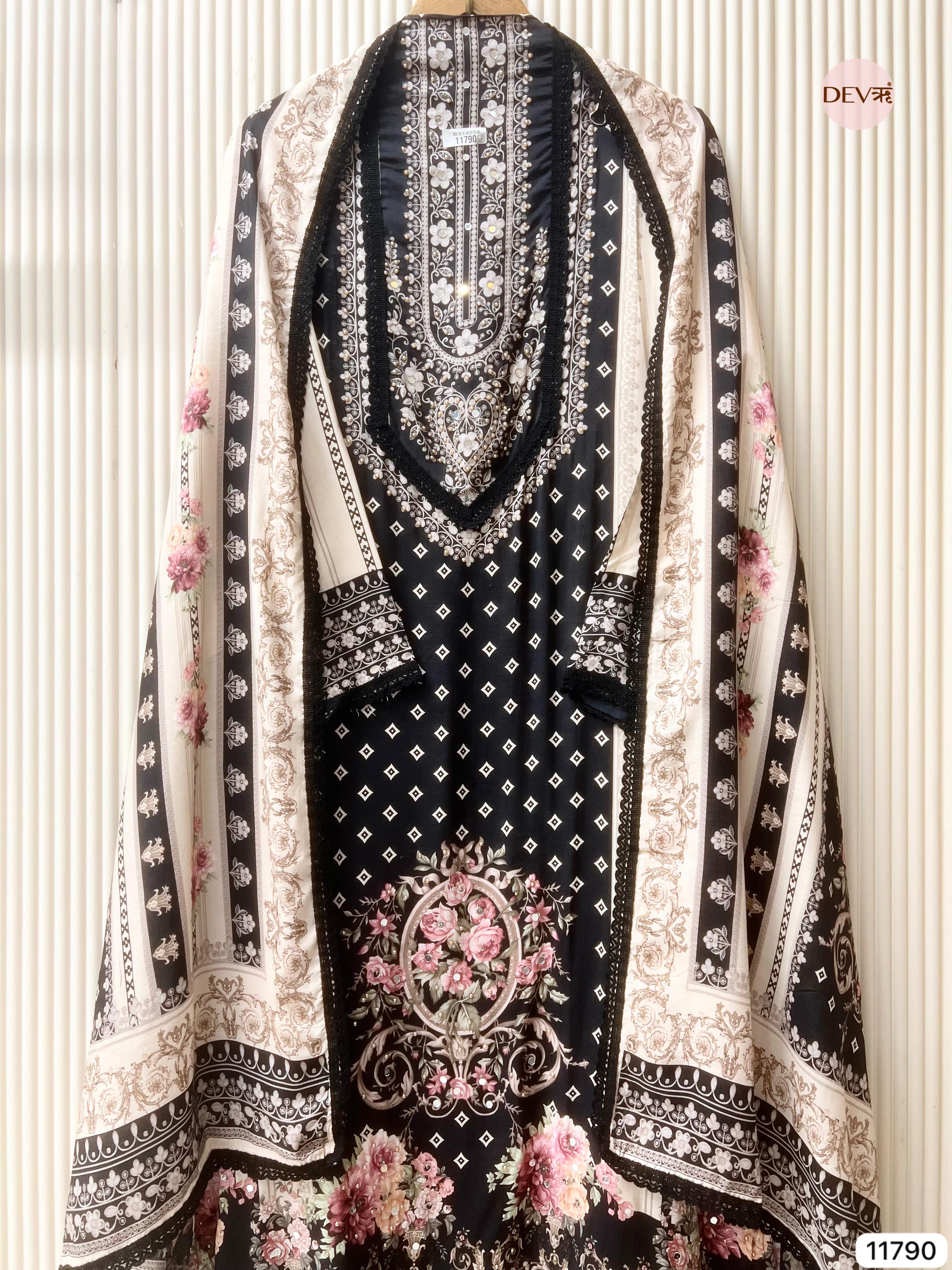 Black Pure Muslin Semi Stitched Pakistani Printed Hand Embroidered -Set Of 3 - {11790}