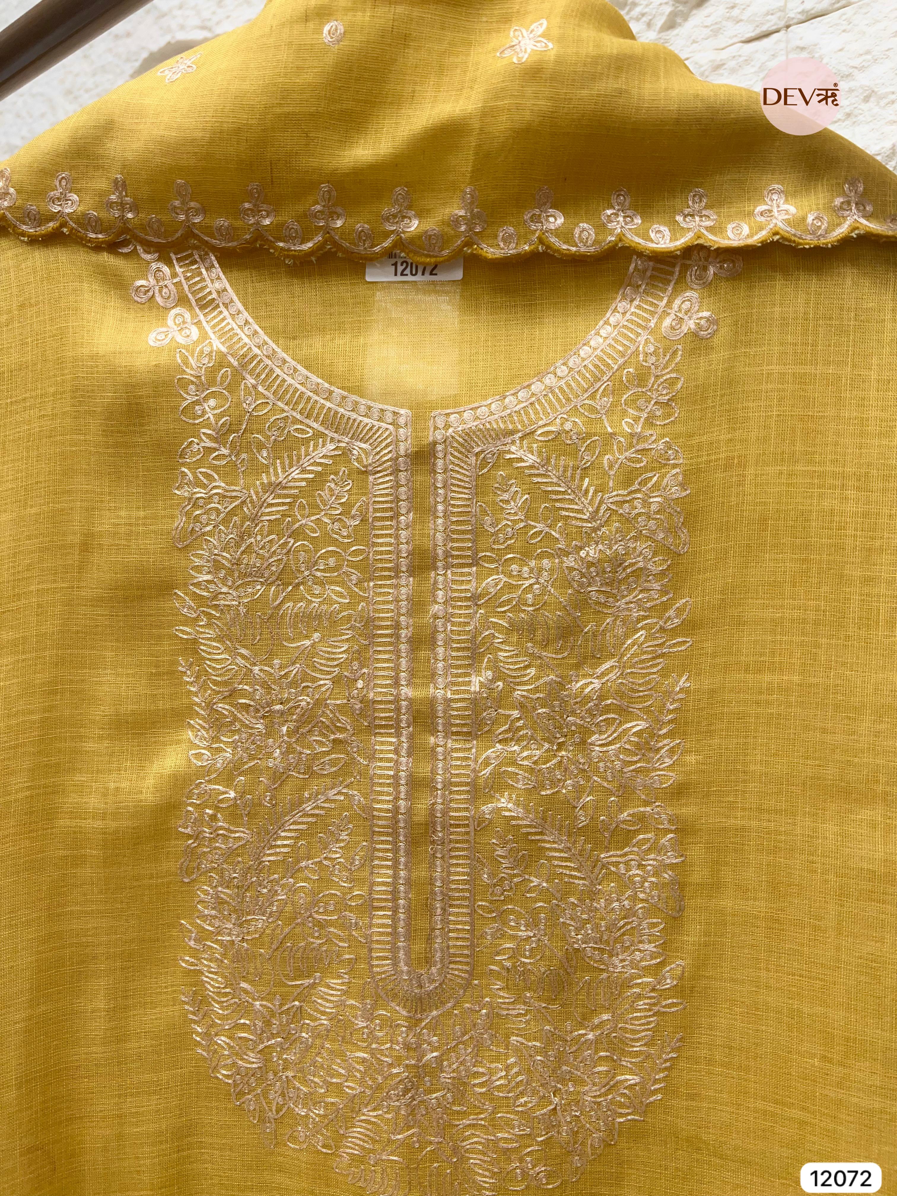 Yellow Pure Linen Unstitched Zardosi Embroidered -Set Of 3 - {12072}