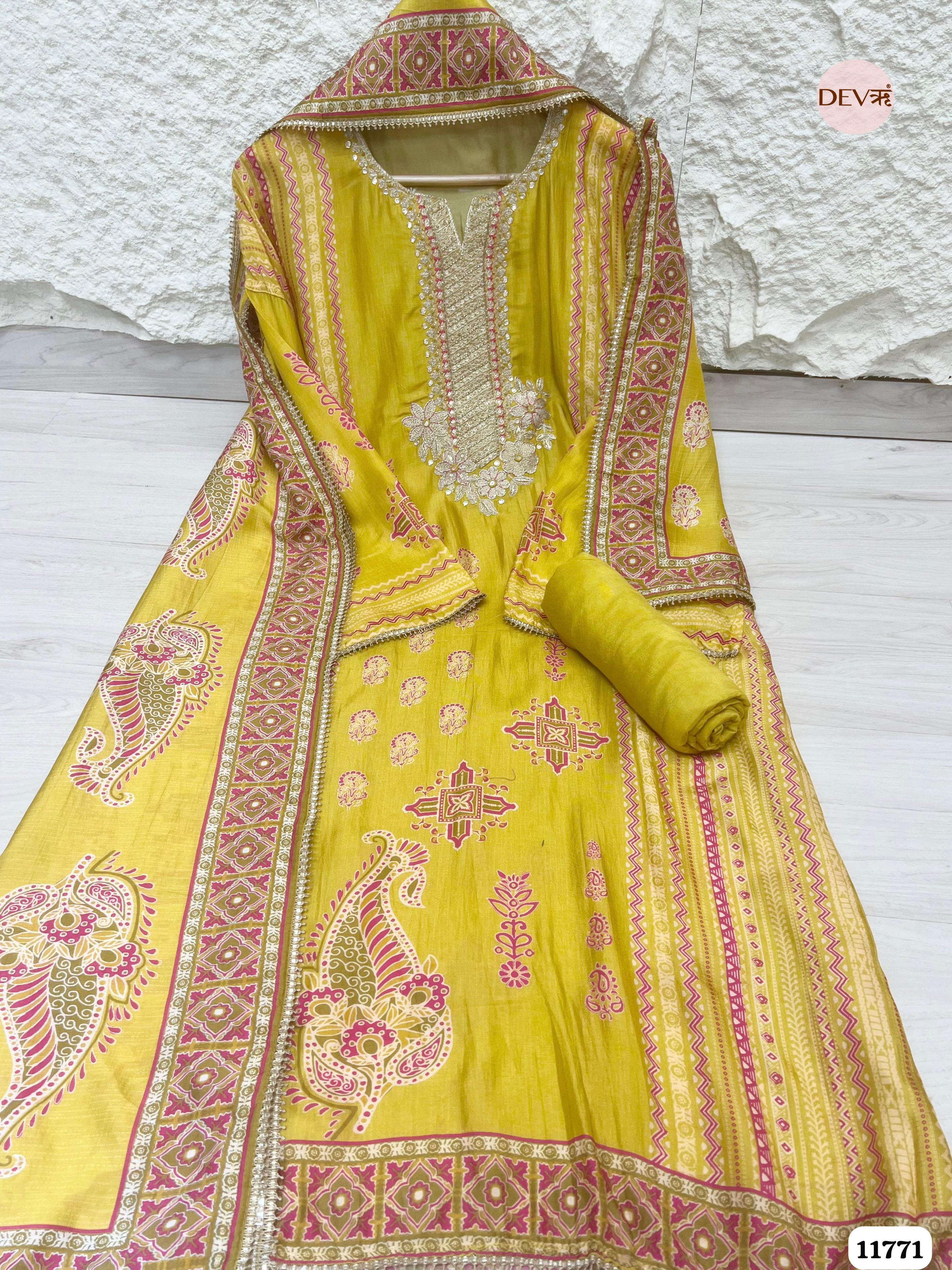 Yellow Russian Silk Unstitched Hand Embroidered -Set Of 3 {11771}