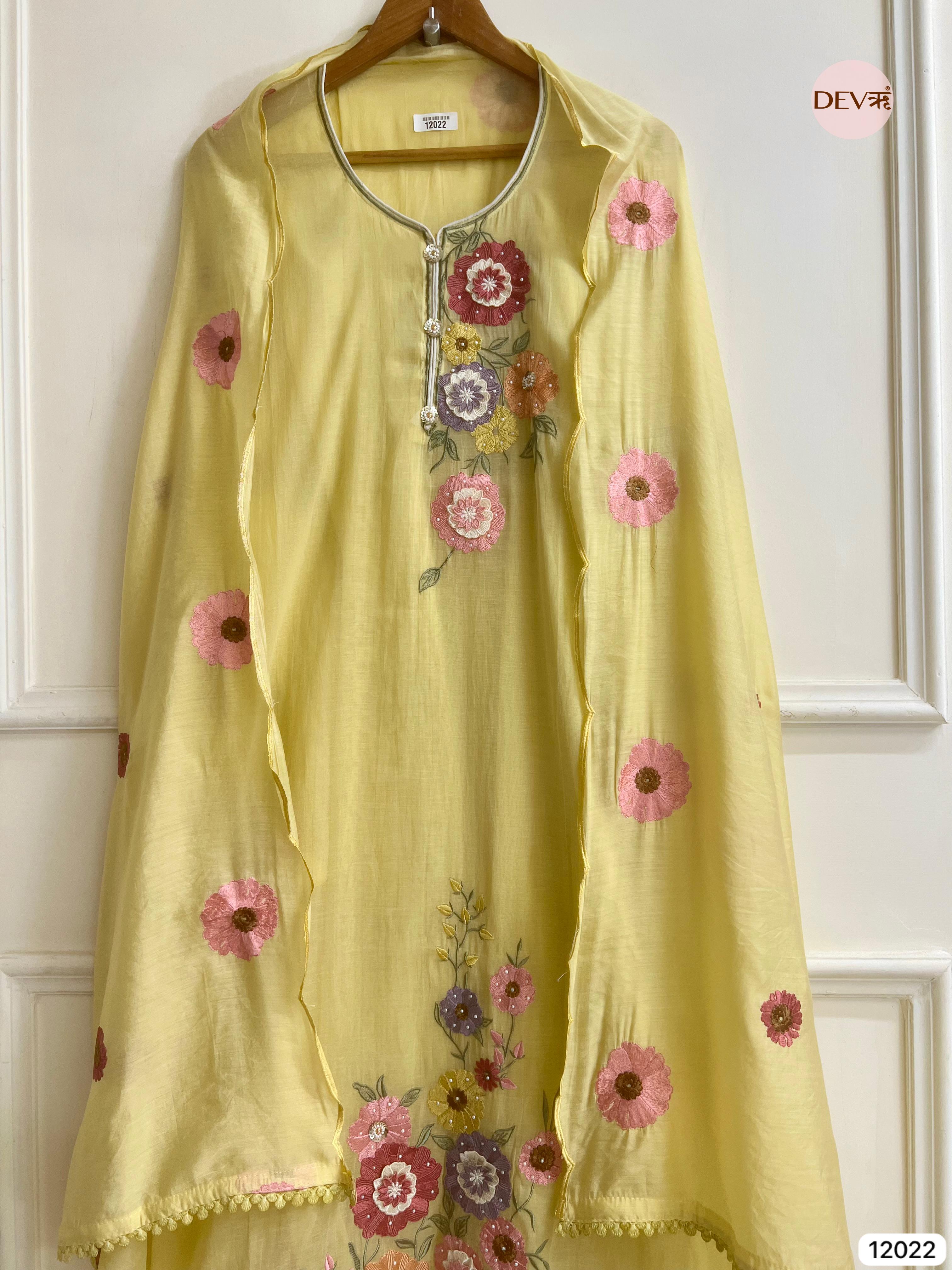 Yellow Pure Mul Chanderi Unstitched Embroidered -Set Of 3 - {12022}