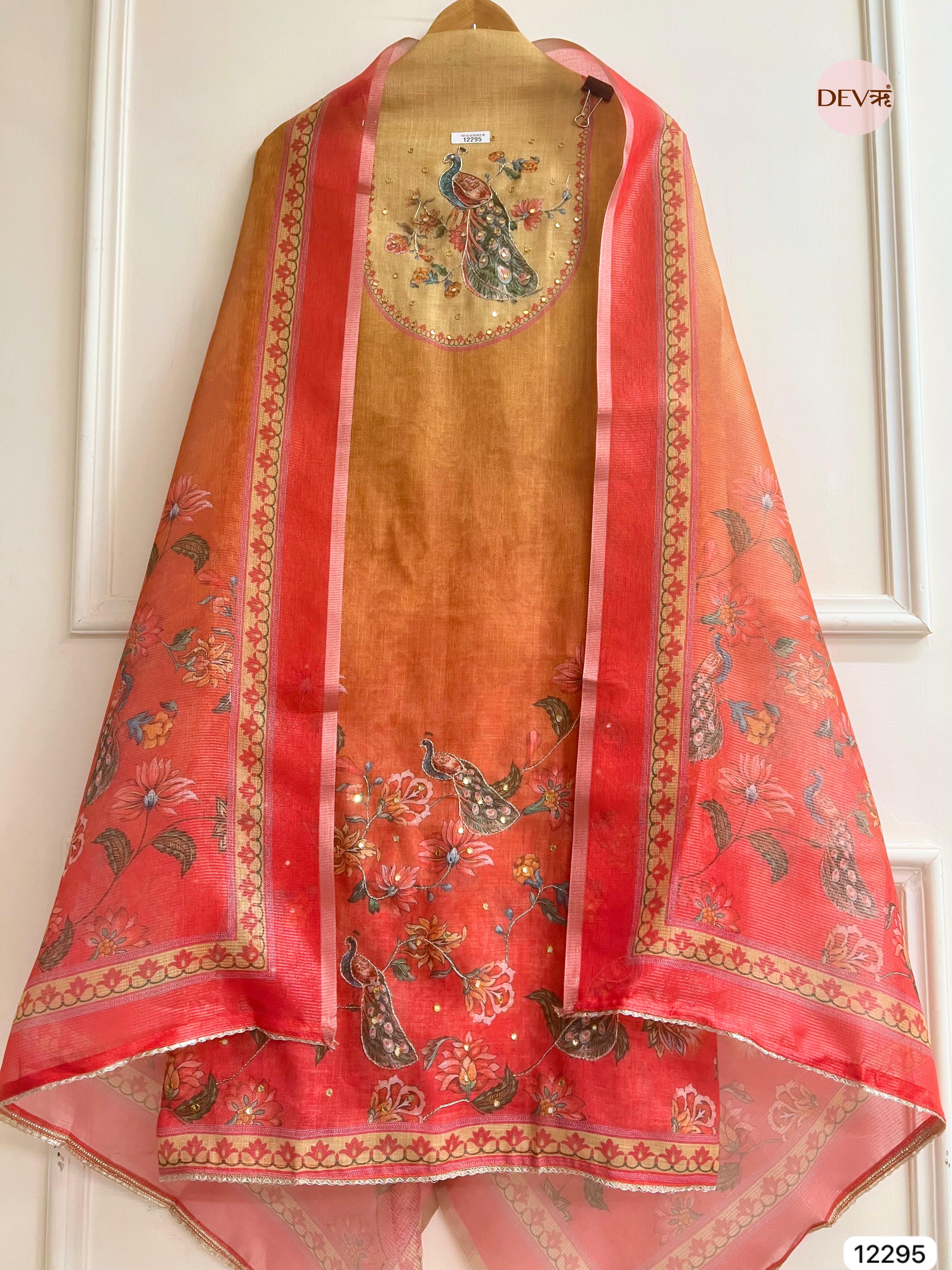 Mustard Red Linen Printed Unstitched 3-Piece Suit (Devri – D.No 12295)