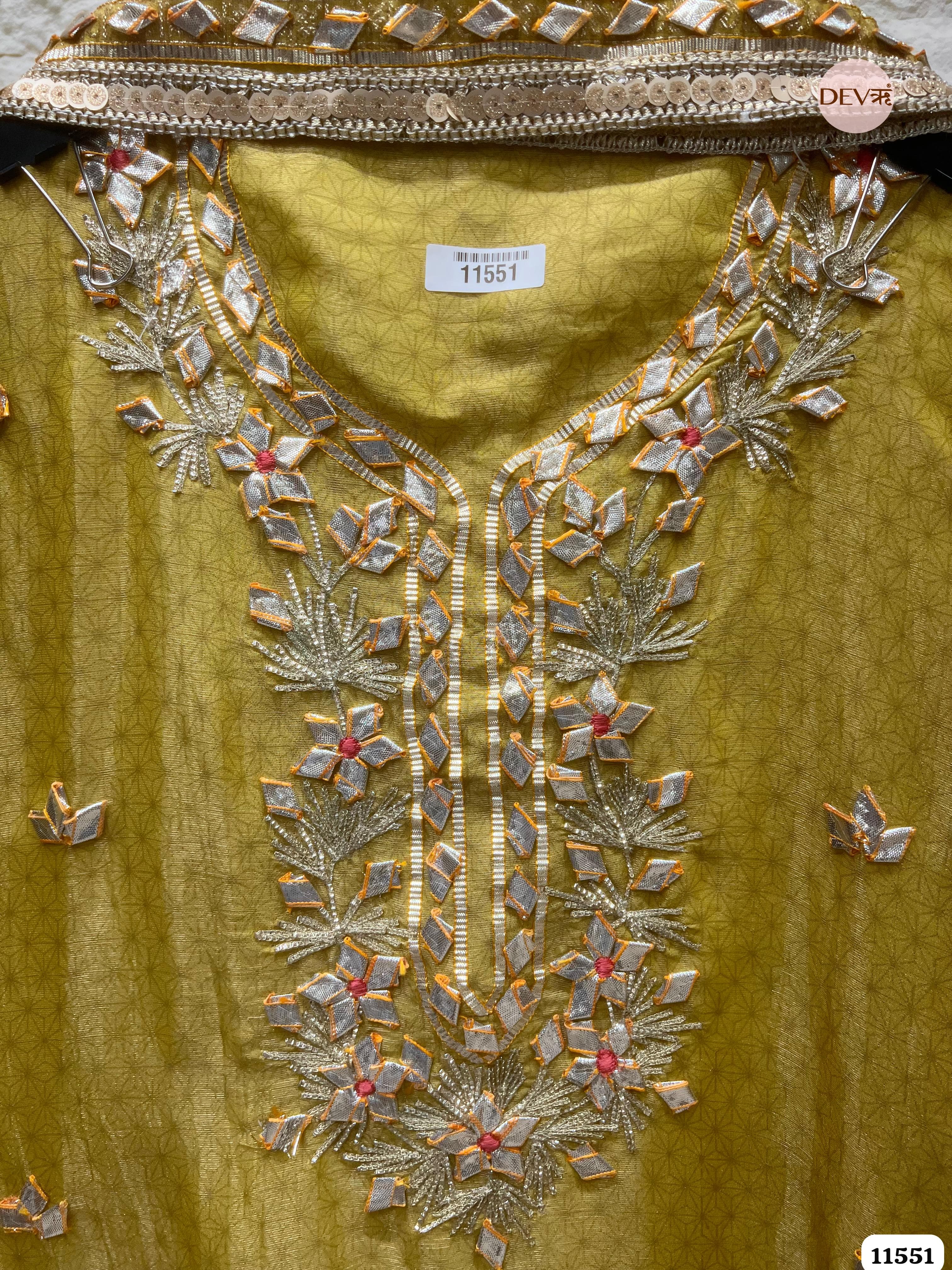 Olive Green Pure Tissue Silk Unstitched Printed Hand Gota Embroidered -Set Of 3 {11551}