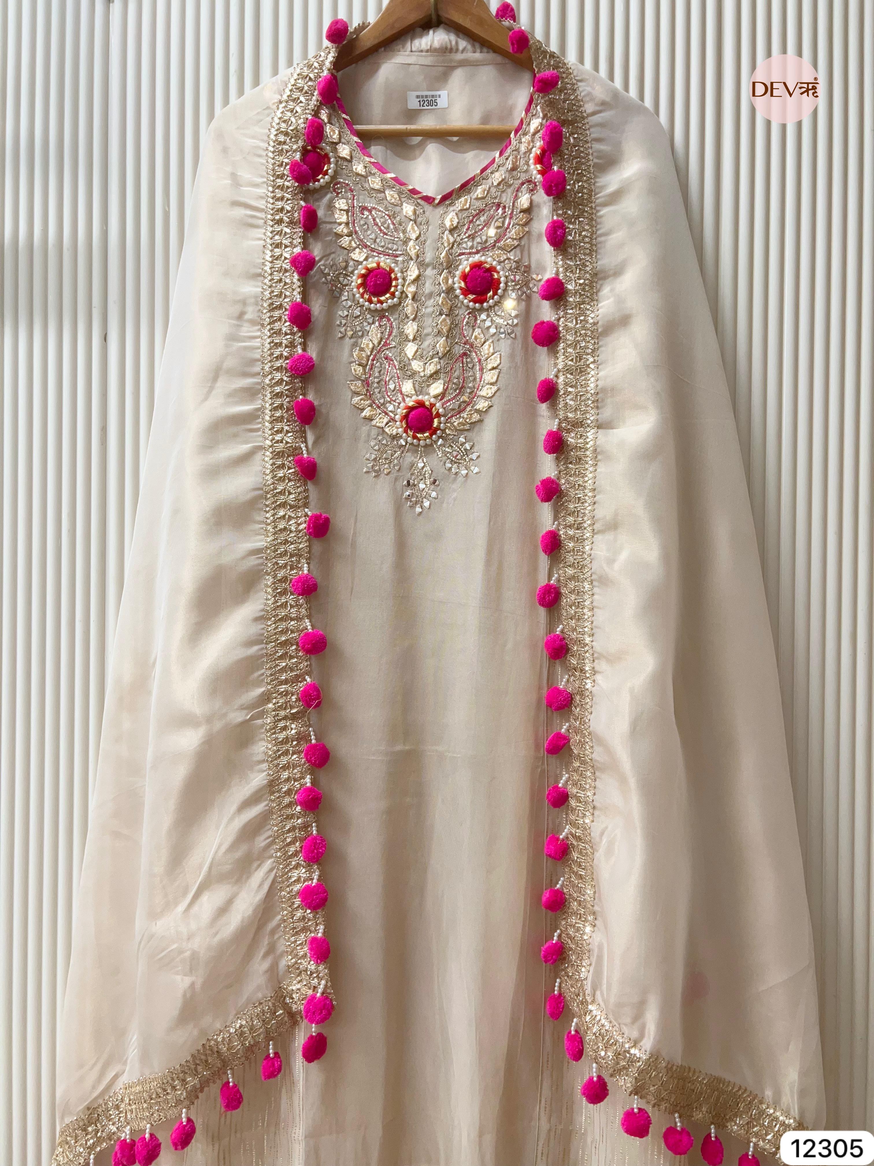 Ivory Pink Tissue Silk Embroidered Unstitched 3-Piece Suit (Devri – D.No 12305)