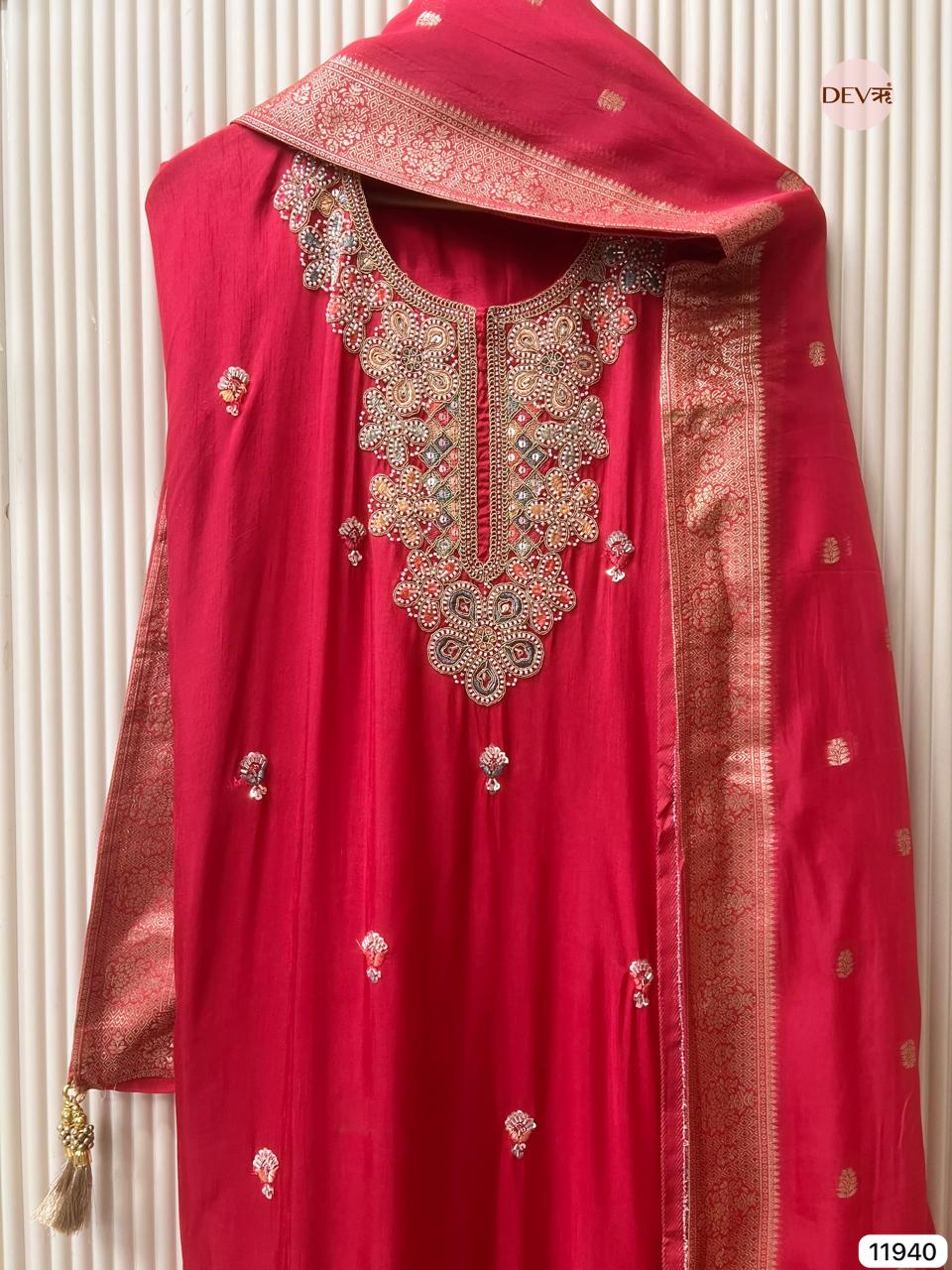 Red Pure Russian Silk Unstitched Hand Embroidered -Set Of 3 - {11940}
